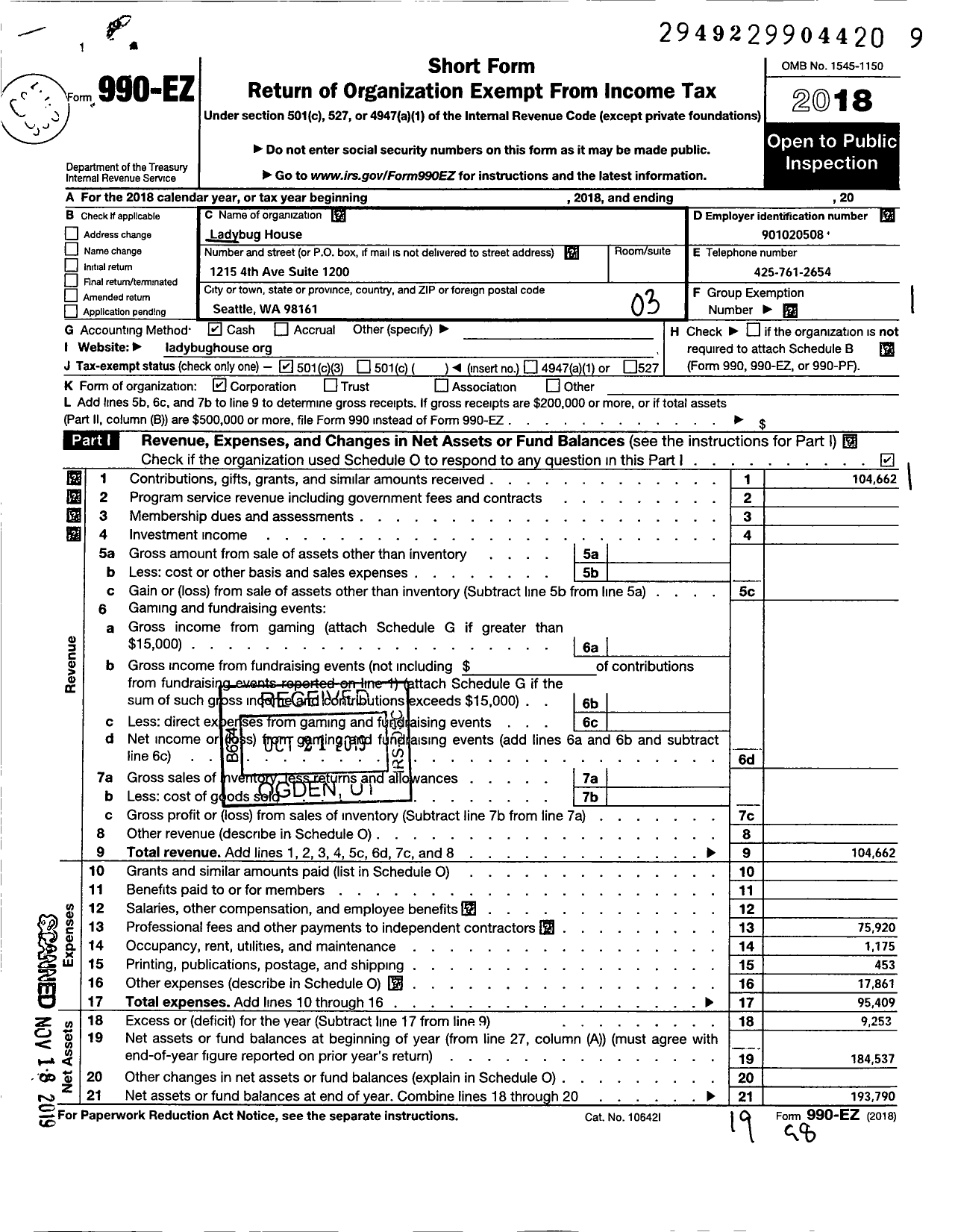 Image of first page of 2018 Form 990EZ for Ladybug House