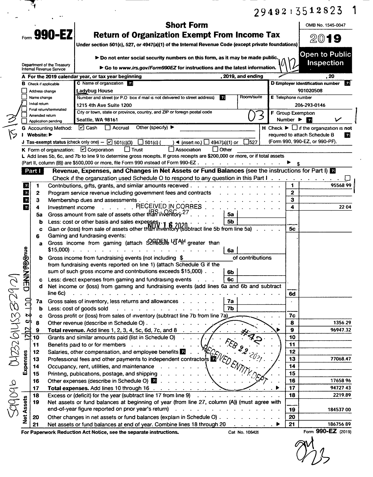 Image of first page of 2019 Form 990EZ for Ladybug House