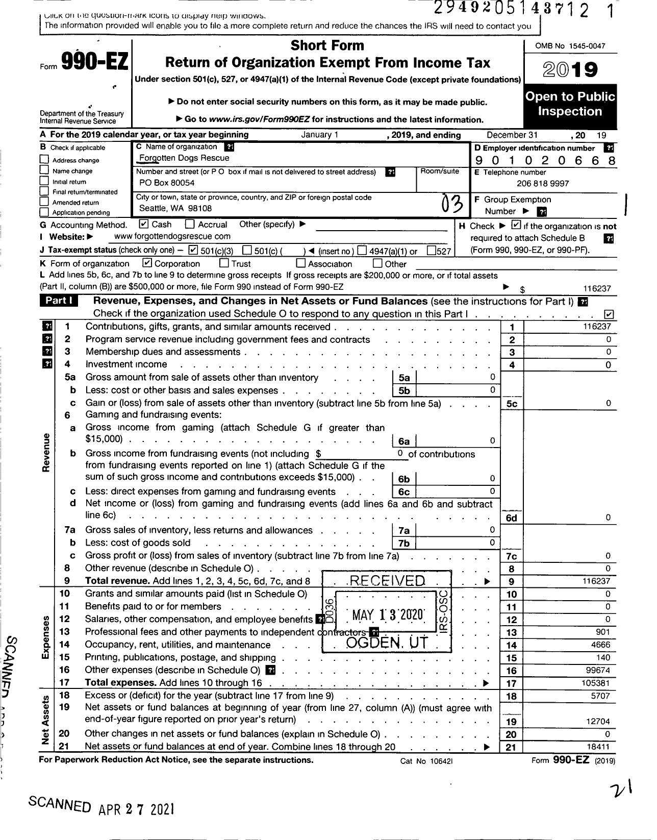 Image of first page of 2019 Form 990EZ for Forgotten Dogs Rescue