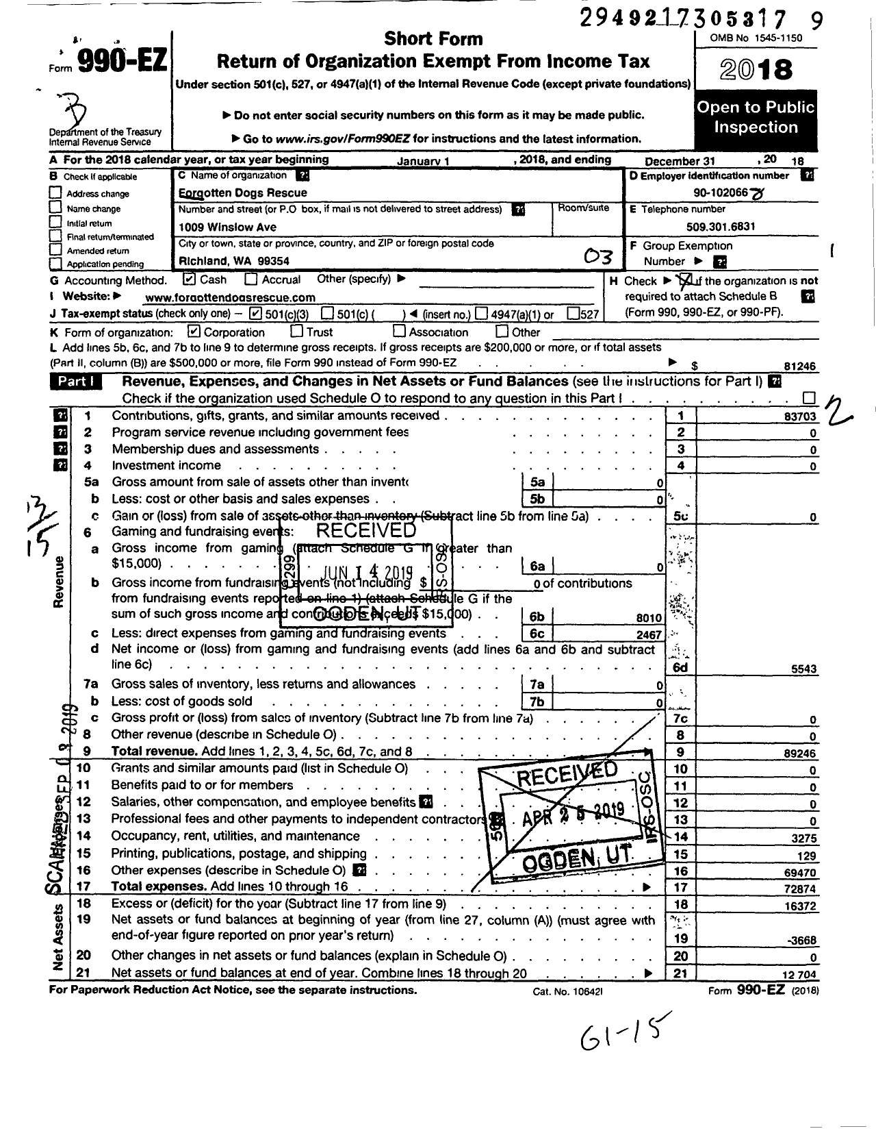 Image of first page of 2018 Form 990EZ for Forgotten Dogs Rescue