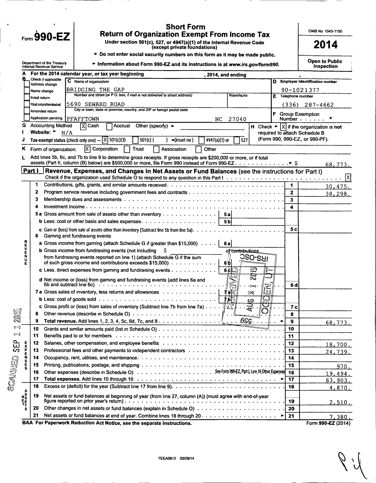 Image of first page of 2014 Form 990EZ for Bridging the Gap