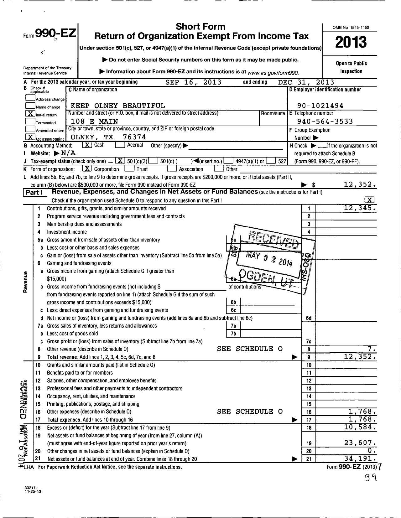 Image of first page of 2013 Form 990EZ for Keep Olney Beautiful