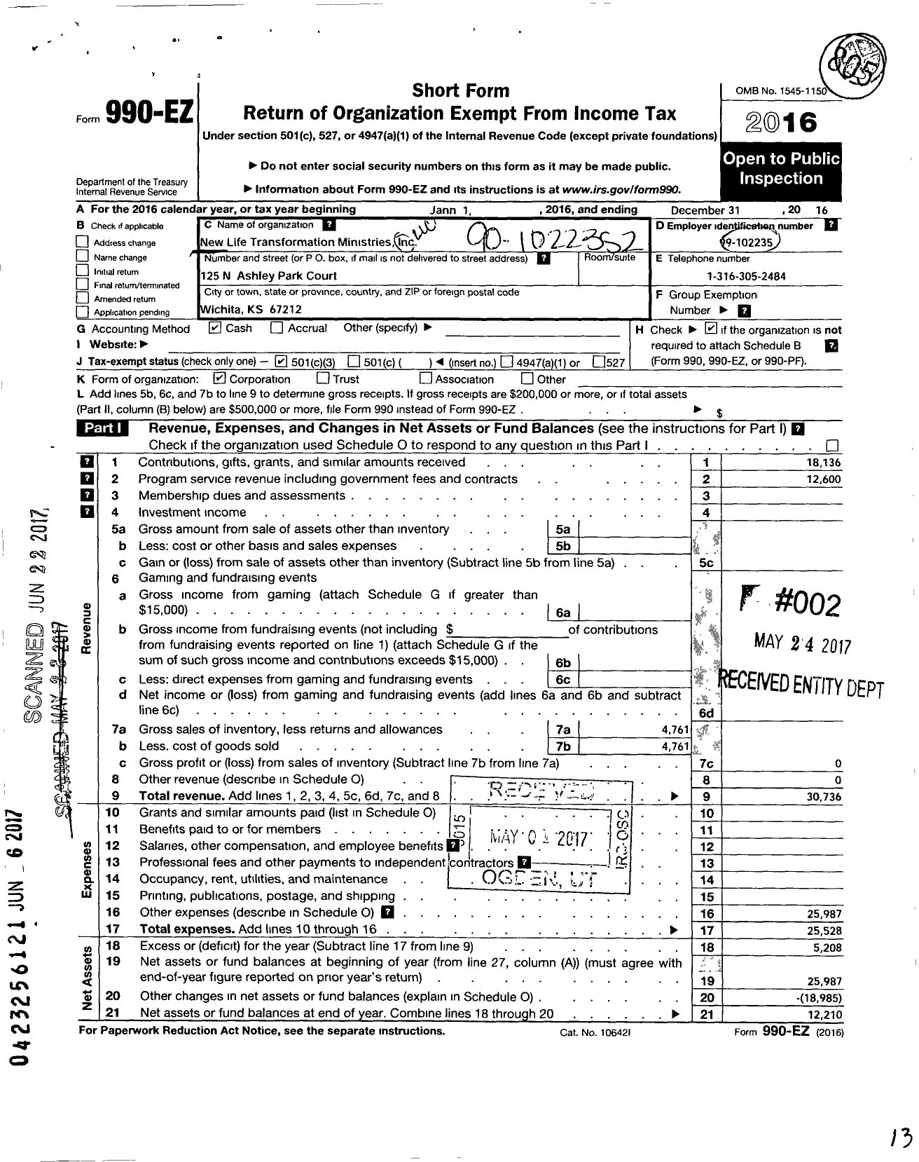 Image of first page of 2016 Form 990EZ for New Life Transformation Ministries LLC