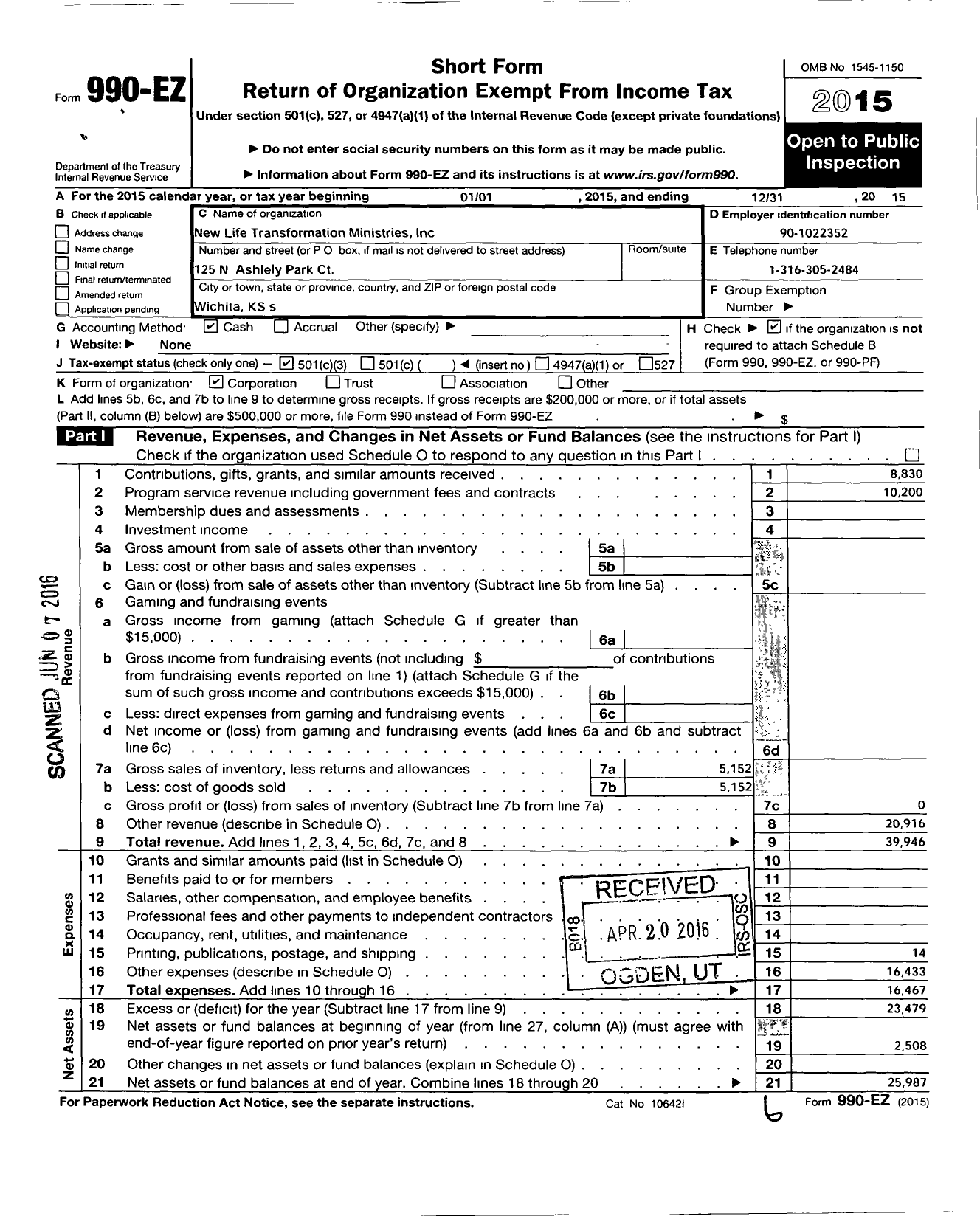 Image of first page of 2015 Form 990EZ for New Life Transformation Ministries LLC