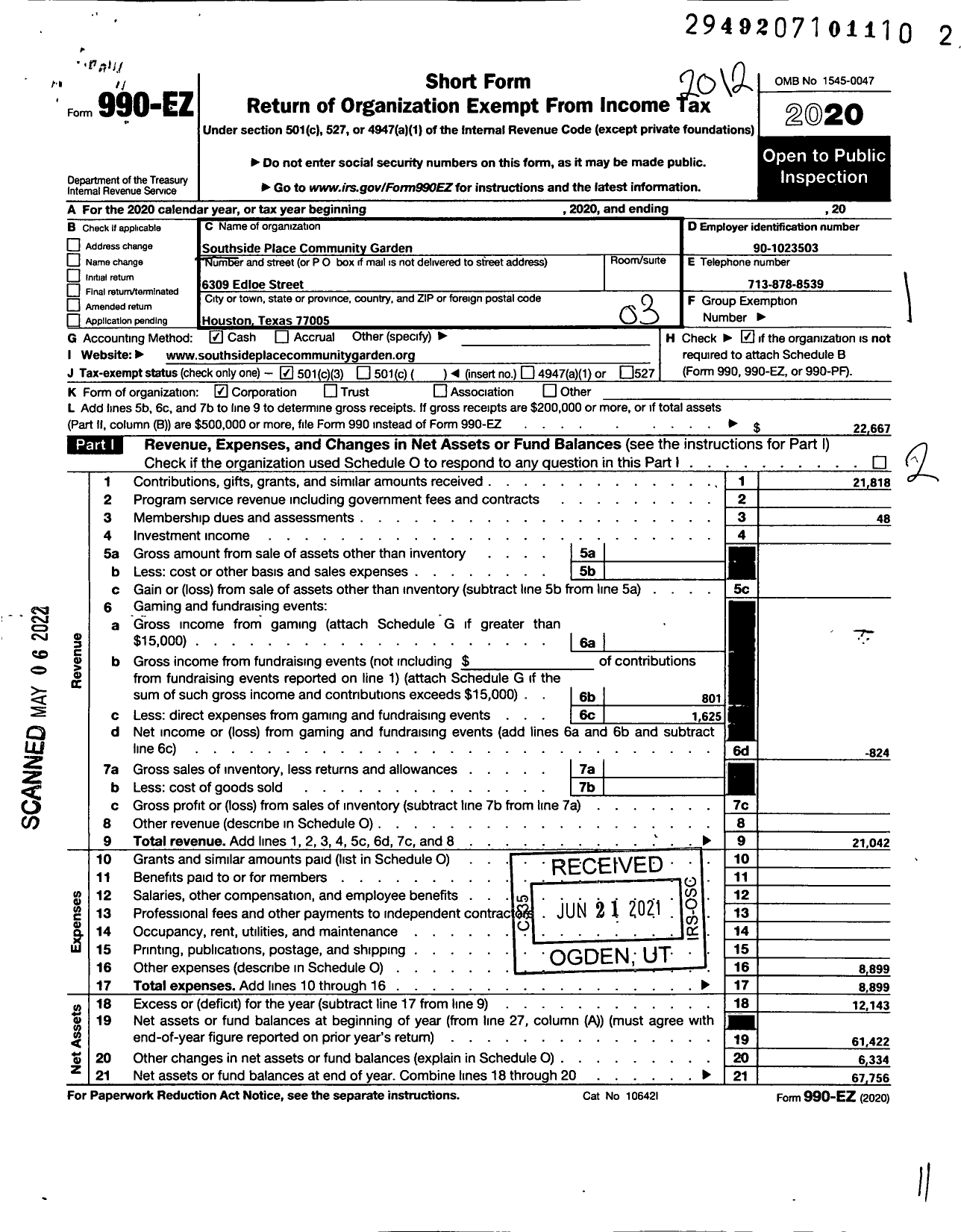 Image of first page of 2020 Form 990EZ for Southside Place Community Garden