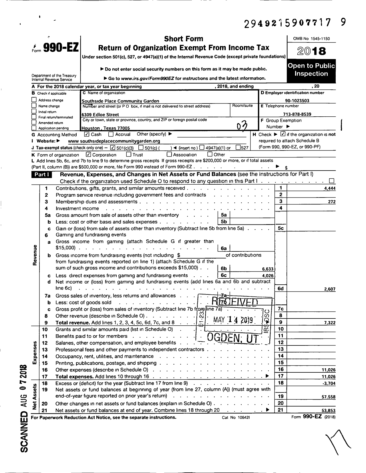 Image of first page of 2018 Form 990EZ for Southside Place Community Garden