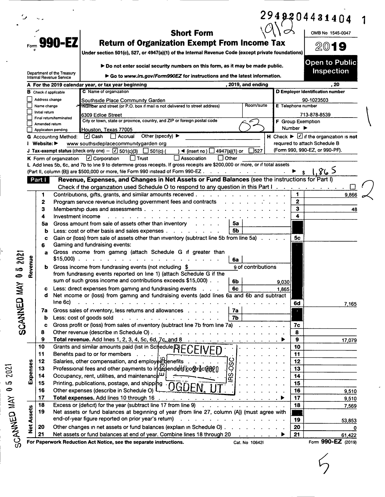 Image of first page of 2019 Form 990EZ for Southside Place Community Garden