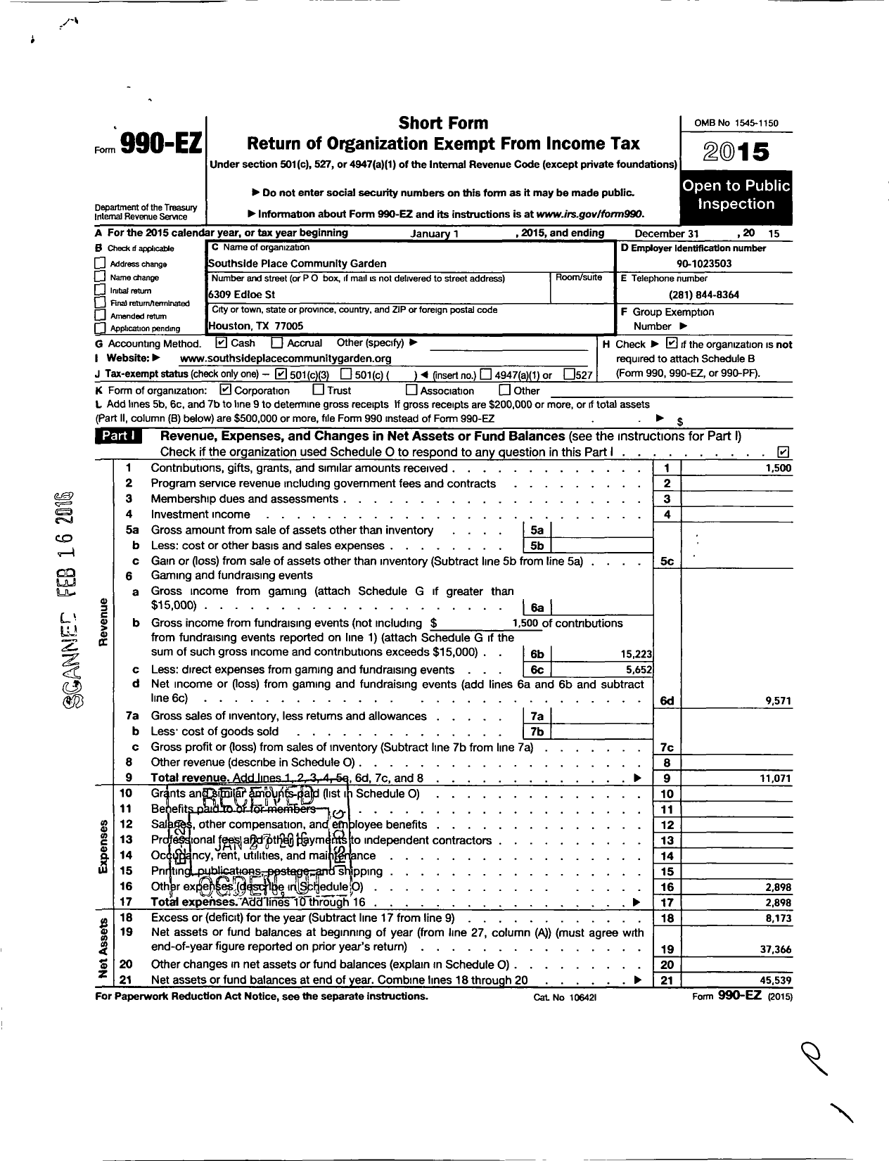 Image of first page of 2015 Form 990EZ for Southside Place Community Garden