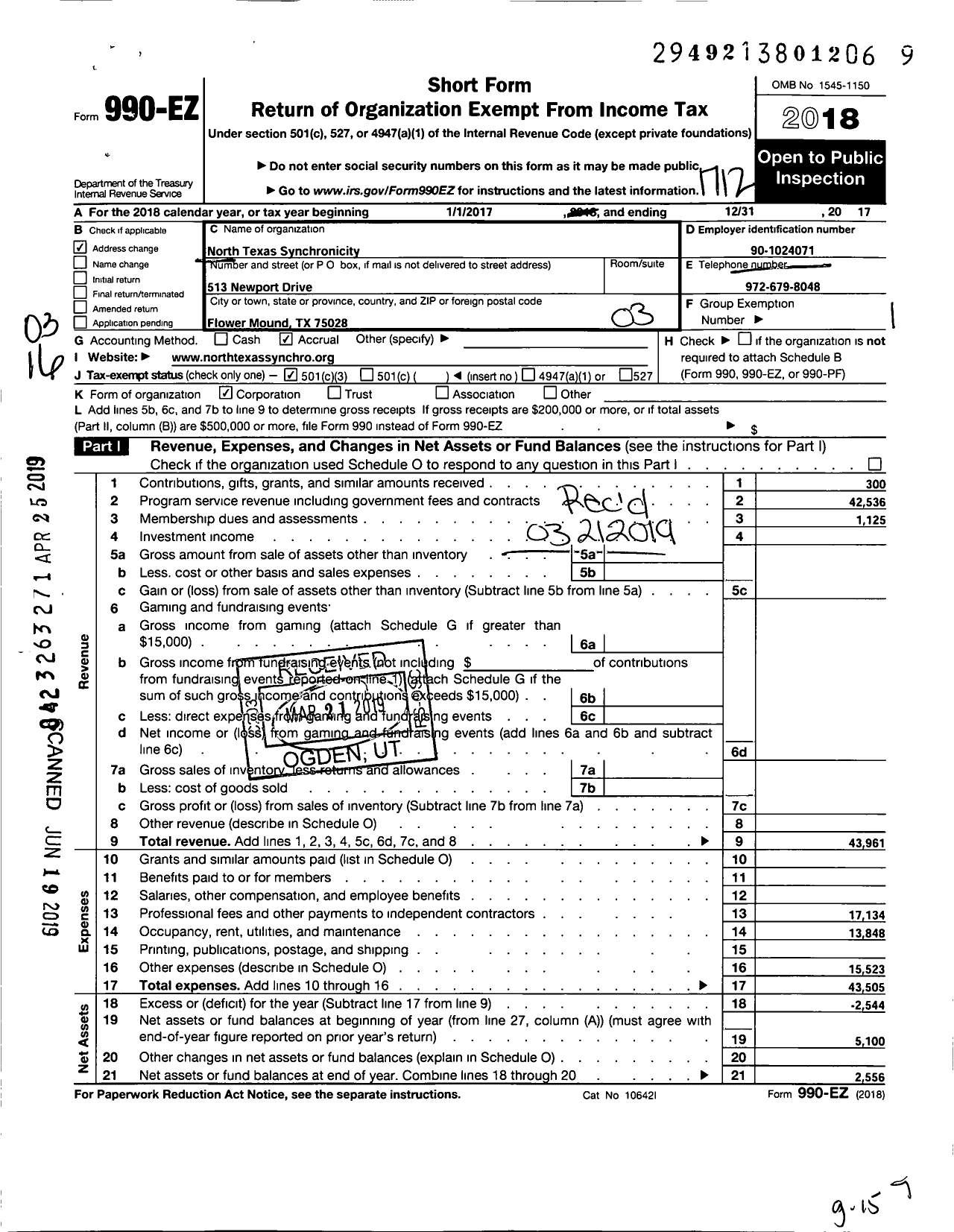 Image of first page of 2017 Form 990EZ for Dallas Synergy Artistic Swimming