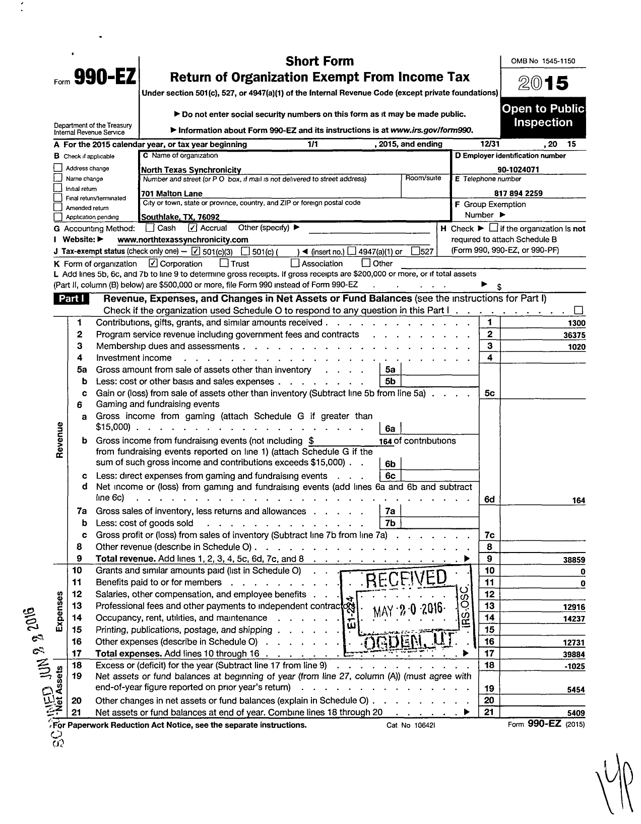 Image of first page of 2015 Form 990EZ for Dallas Synergy Artistic Swimming