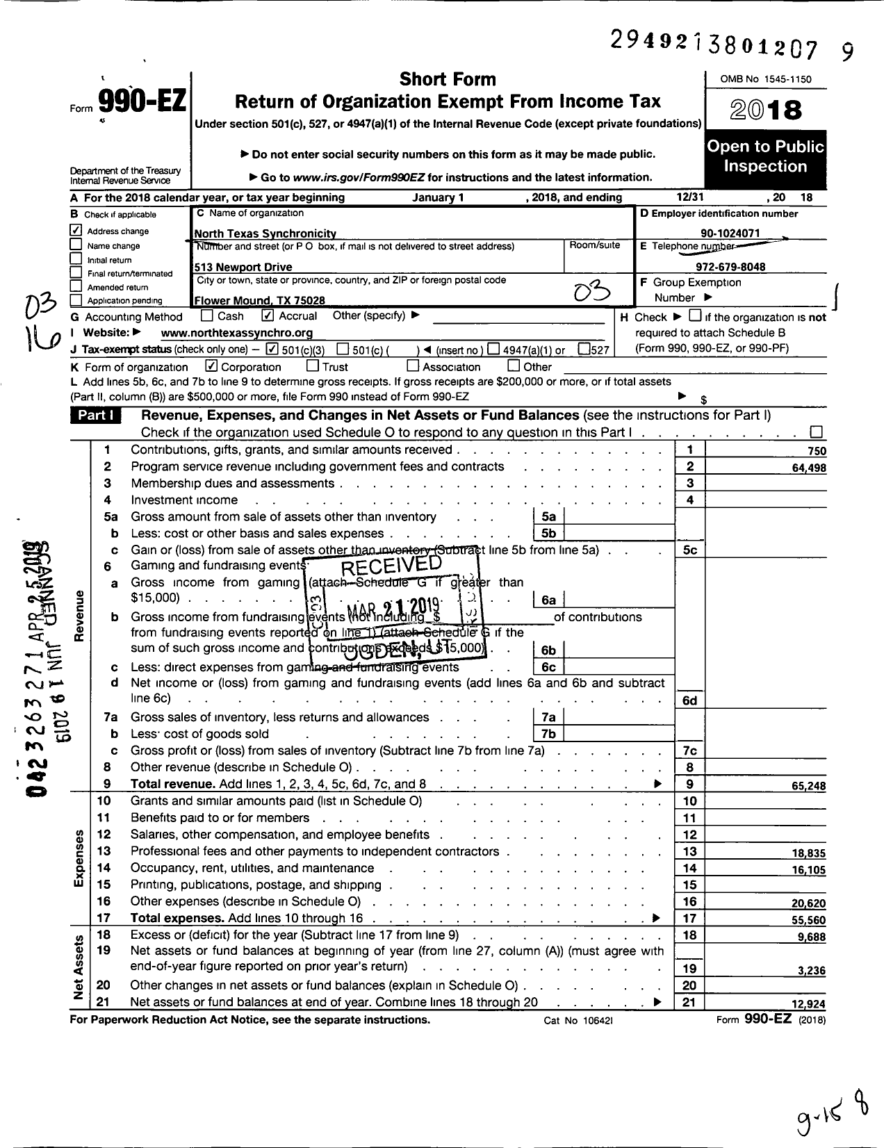 Image of first page of 2018 Form 990EZ for Dallas Synergy Artistic Swimming