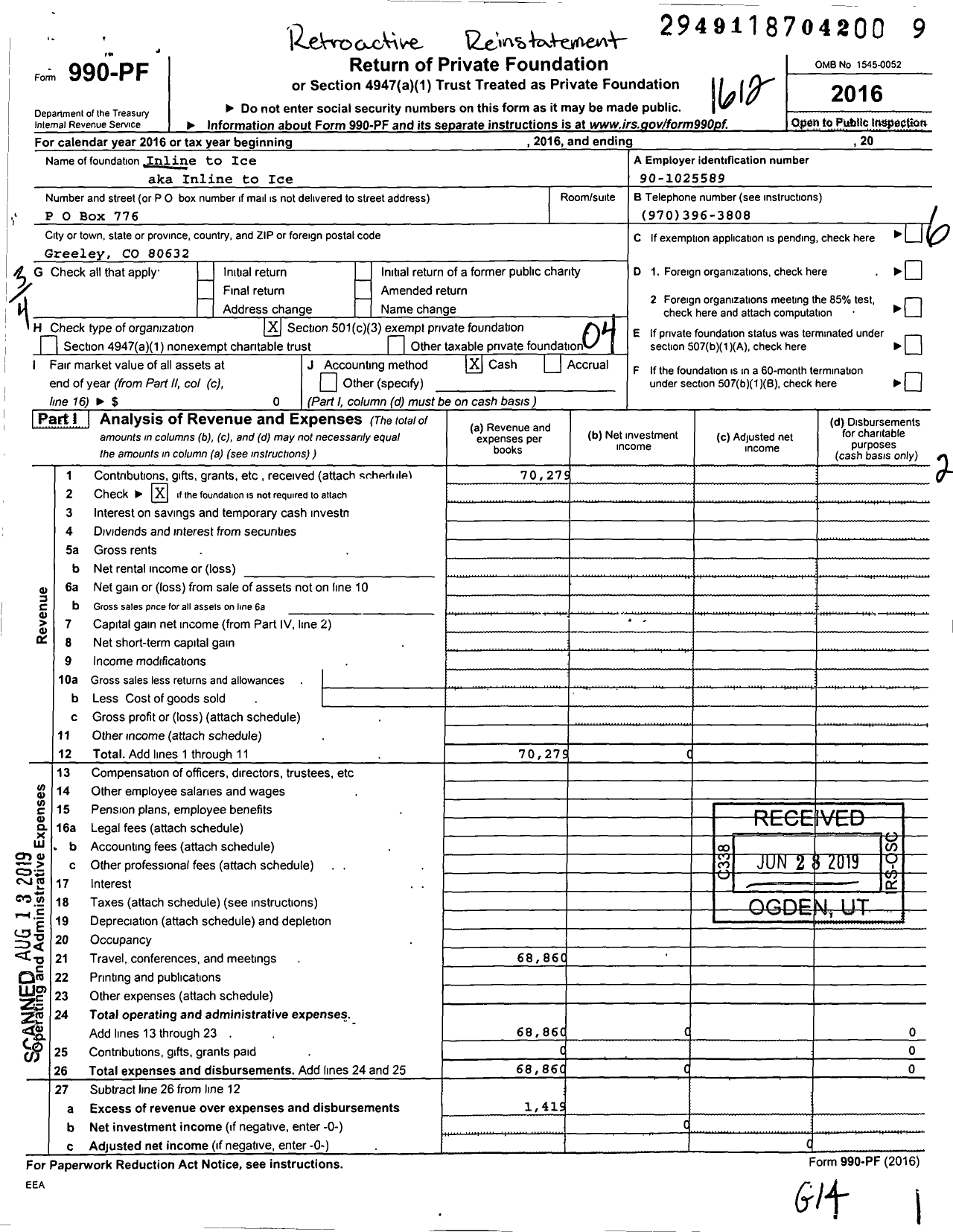 Image of first page of 2016 Form 990PF for Inline to Ice