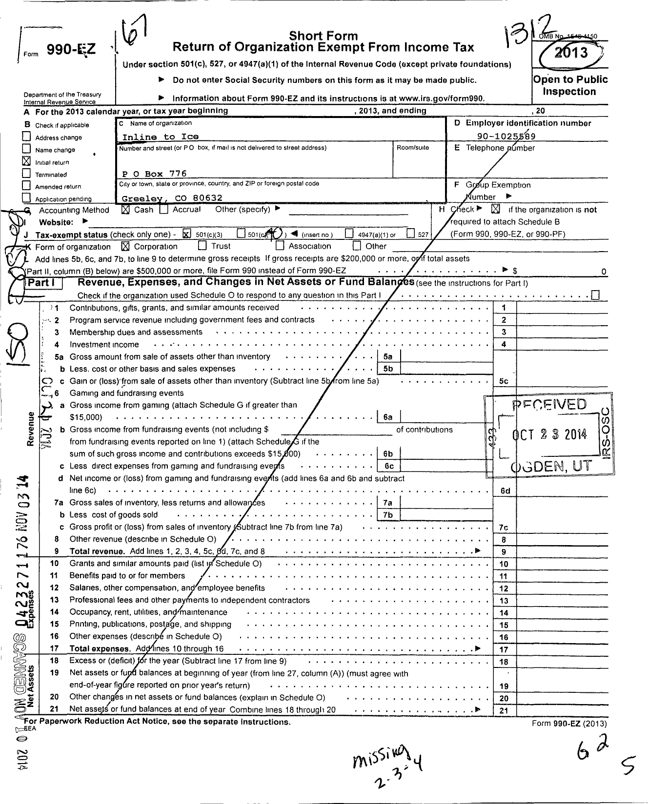 Image of first page of 2013 Form 990EO for Inline to Ice