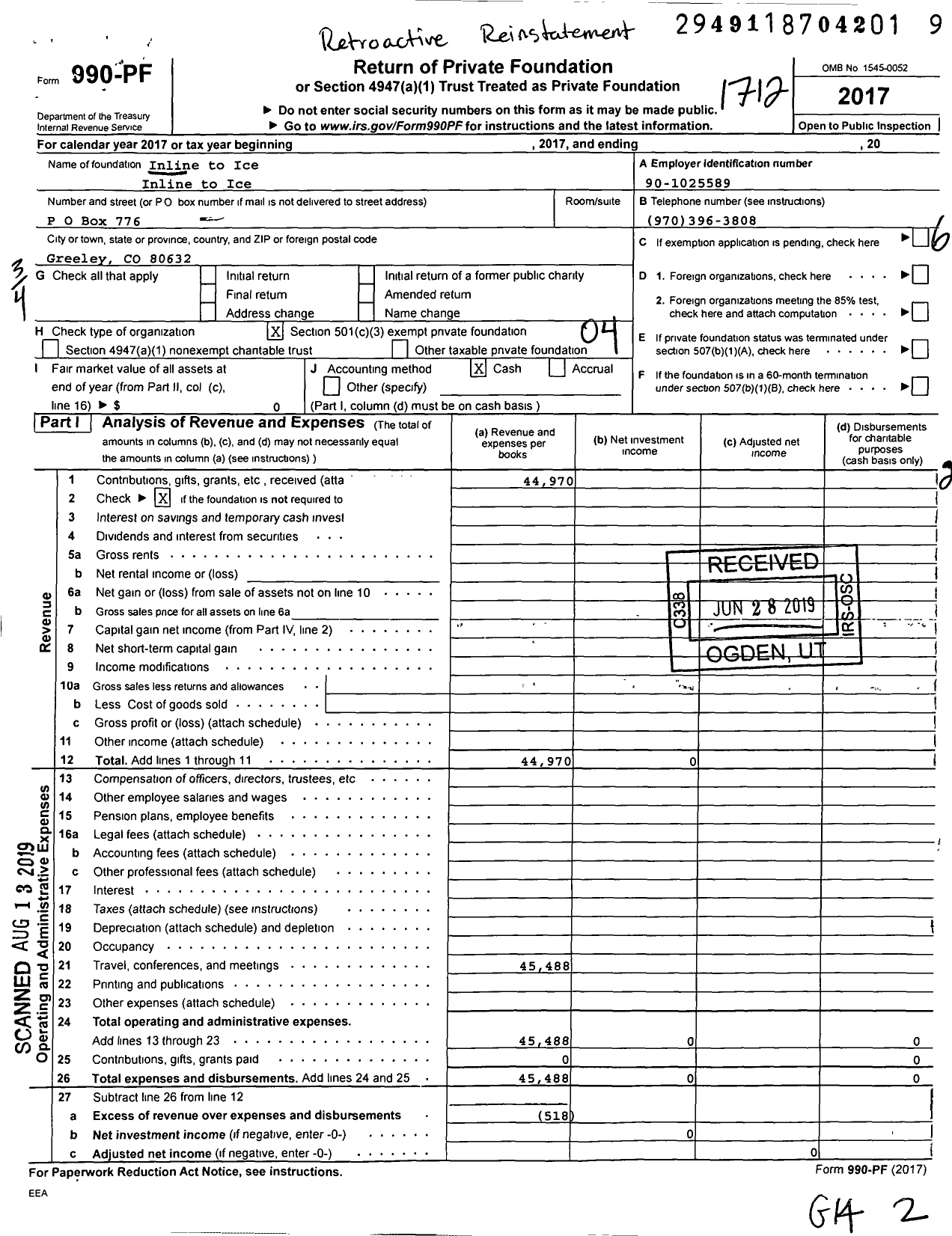 Image of first page of 2017 Form 990PF for Inline to Ice