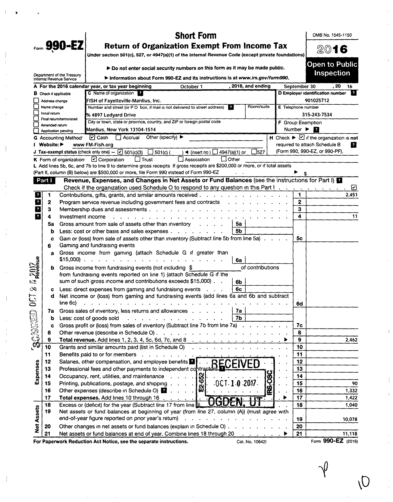 Image of first page of 2015 Form 990EZ for Fish of Fayetteville-Manlius