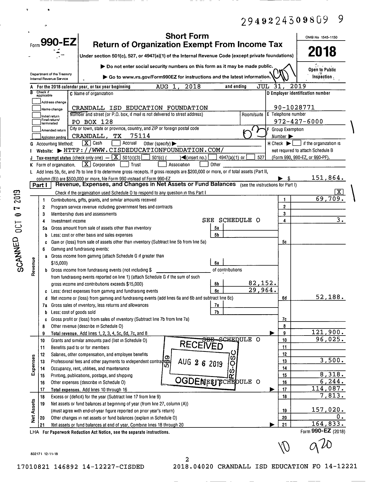 Image of first page of 2018 Form 990EZ for Crandall Isd Education Foundation