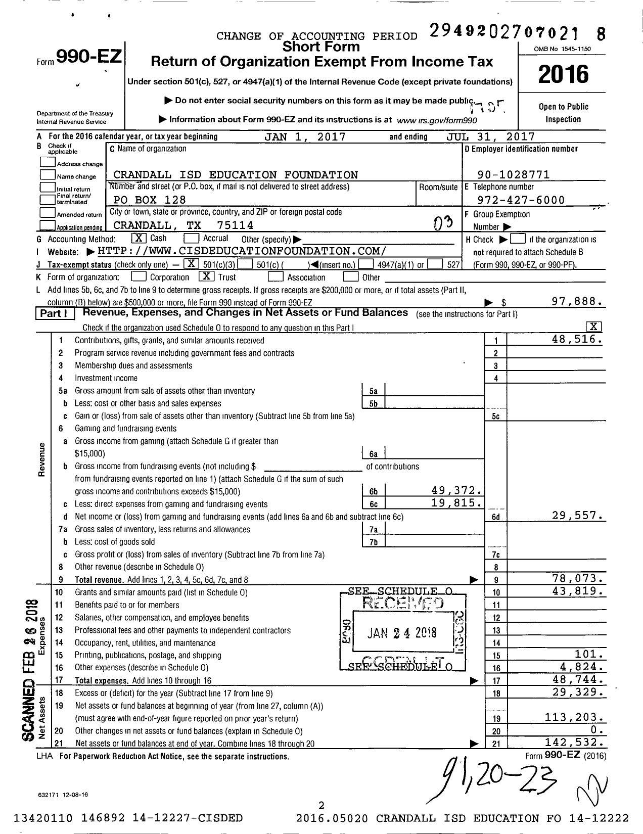 Image of first page of 2016 Form 990EZ for Crandall Isd Education Foundation