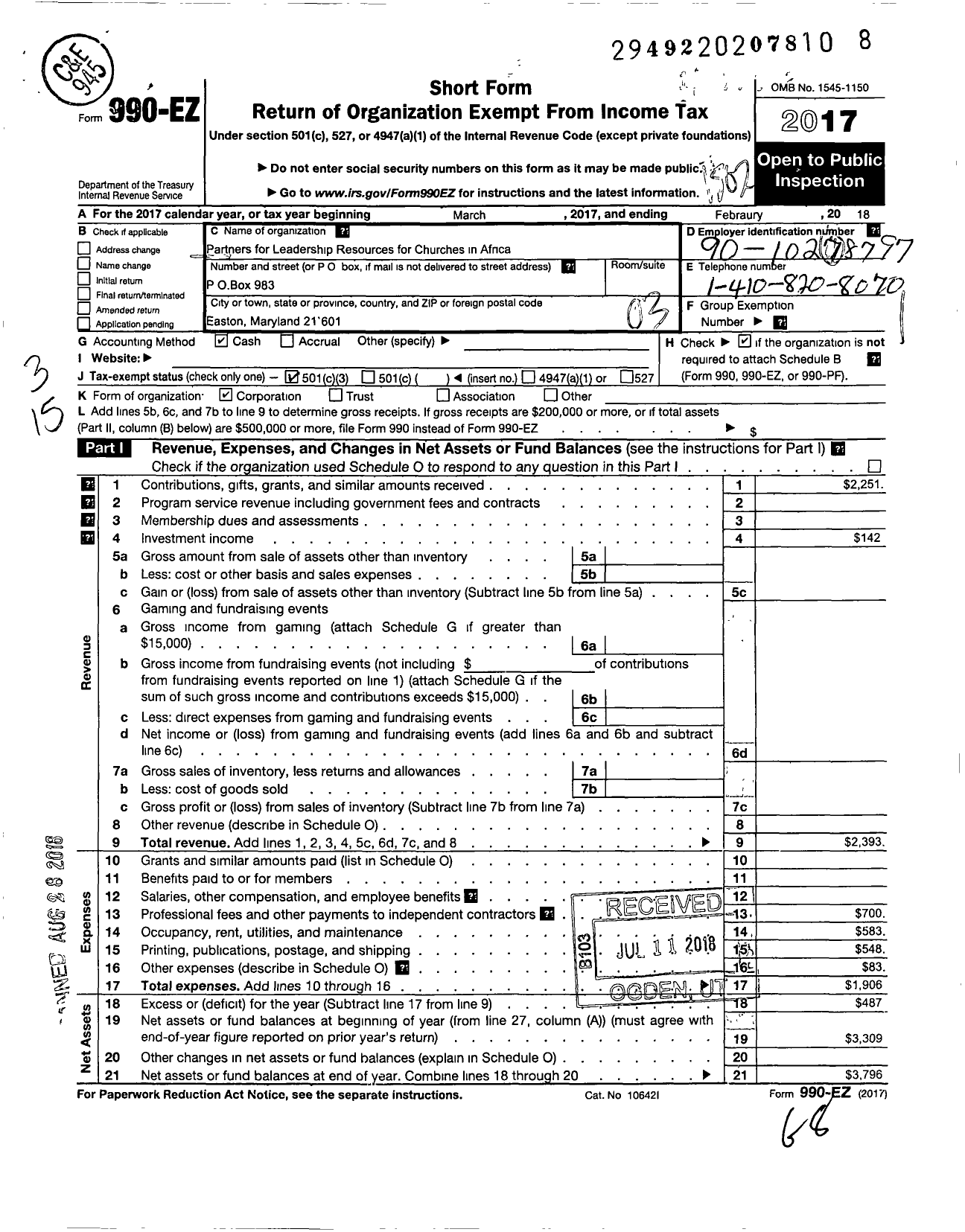 Image of first page of 2017 Form 990EZ for Partners for Leadership Resources for Churches in Africa