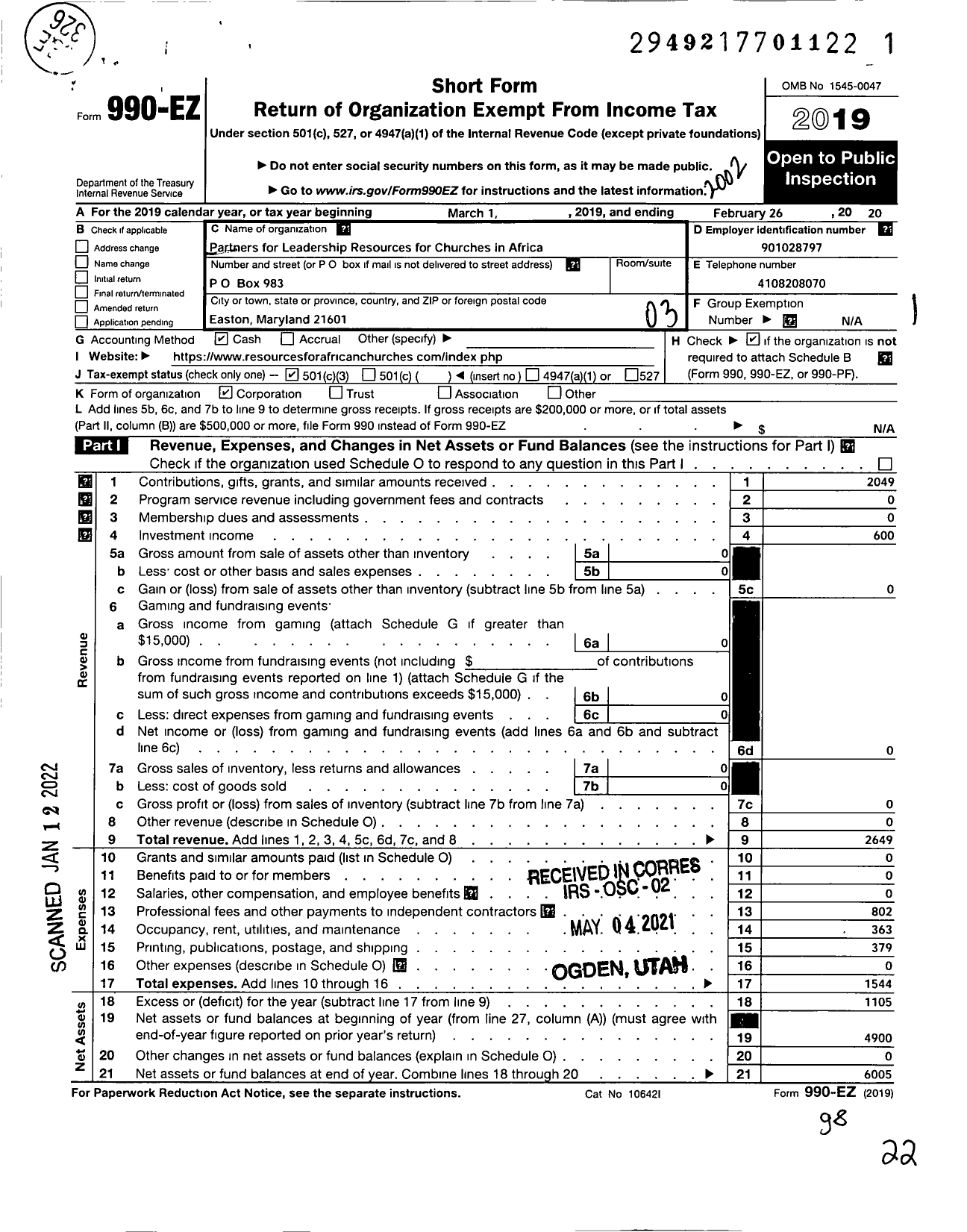 Image of first page of 2019 Form 990EZ for Partners for Leadership Resources for Churches in Africa