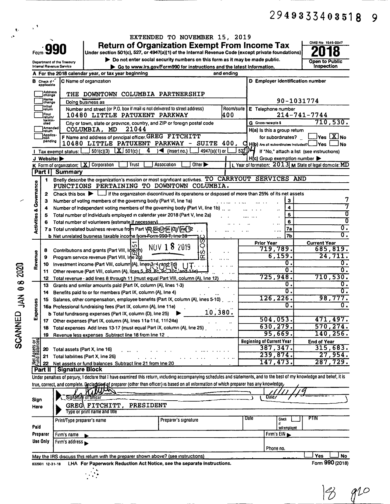 Image of first page of 2018 Form 990O for The Downtown Columbia Partnership