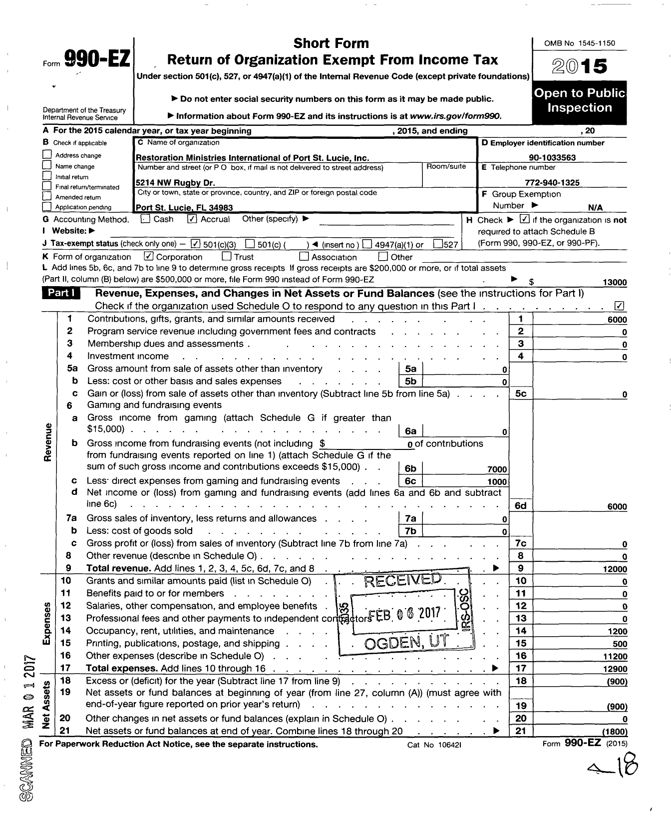 Image of first page of 2015 Form 990EZ for Restoration Ministries International of Port St Lucie