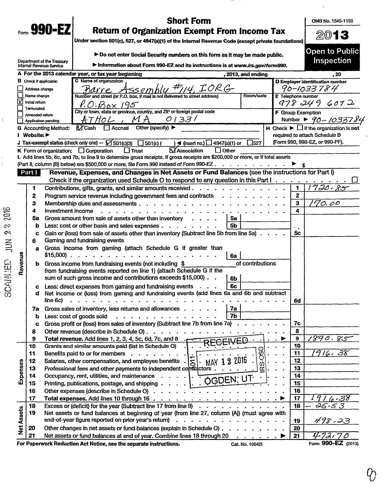 Image of first page of 2013 Form 990EZ for International Order of the Rainbow Girls - 114 Barre Assembly