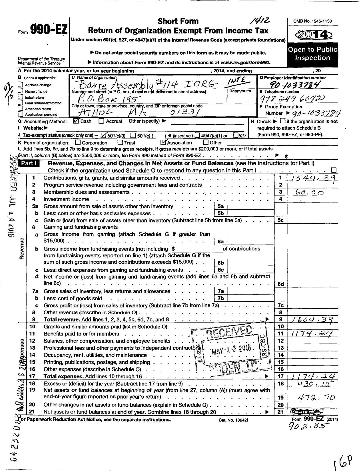 Image of first page of 2014 Form 990EZ for International Order of the Rainbow Girls - 114 Barre Assembly