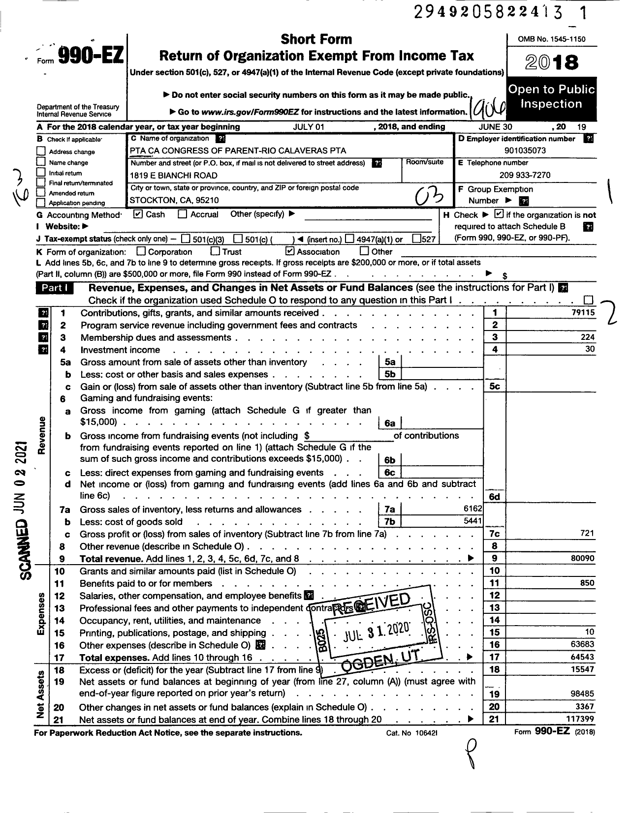 Image of first page of 2018 Form 990EZ for California State PTA - Rio Calaveras PTA