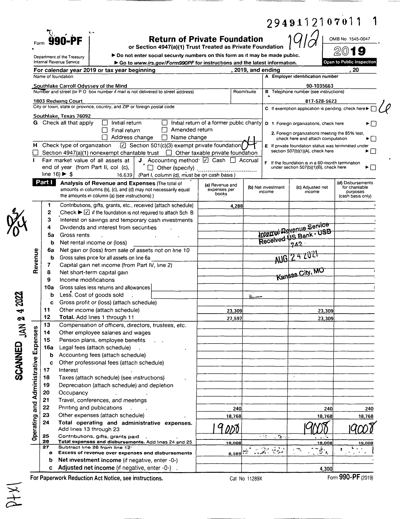 Image of first page of 2019 Form 990PF for Southlake Carroll Odyssey of the Mind