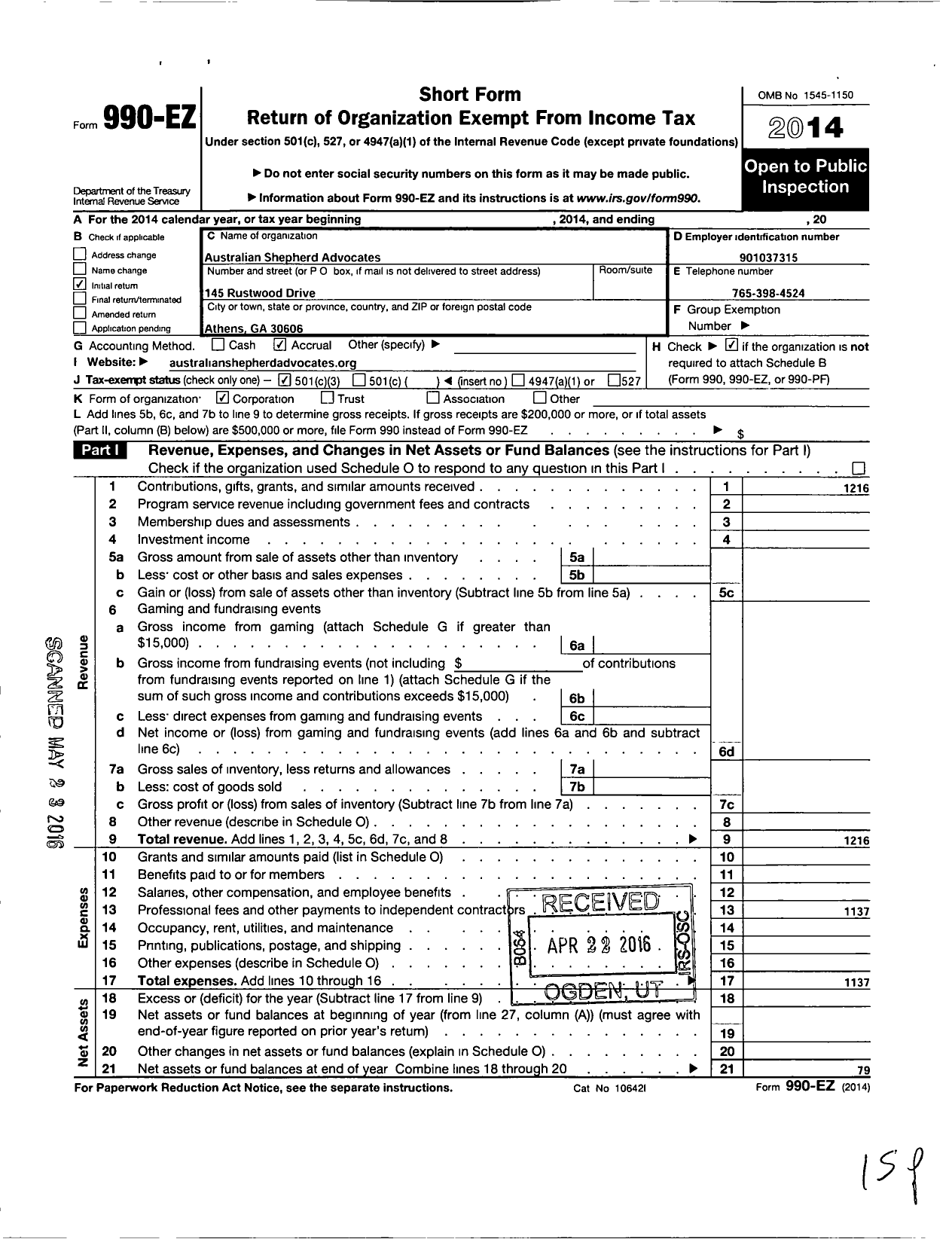 Image of first page of 2014 Form 990EZ for Australian Shepherd Advocates