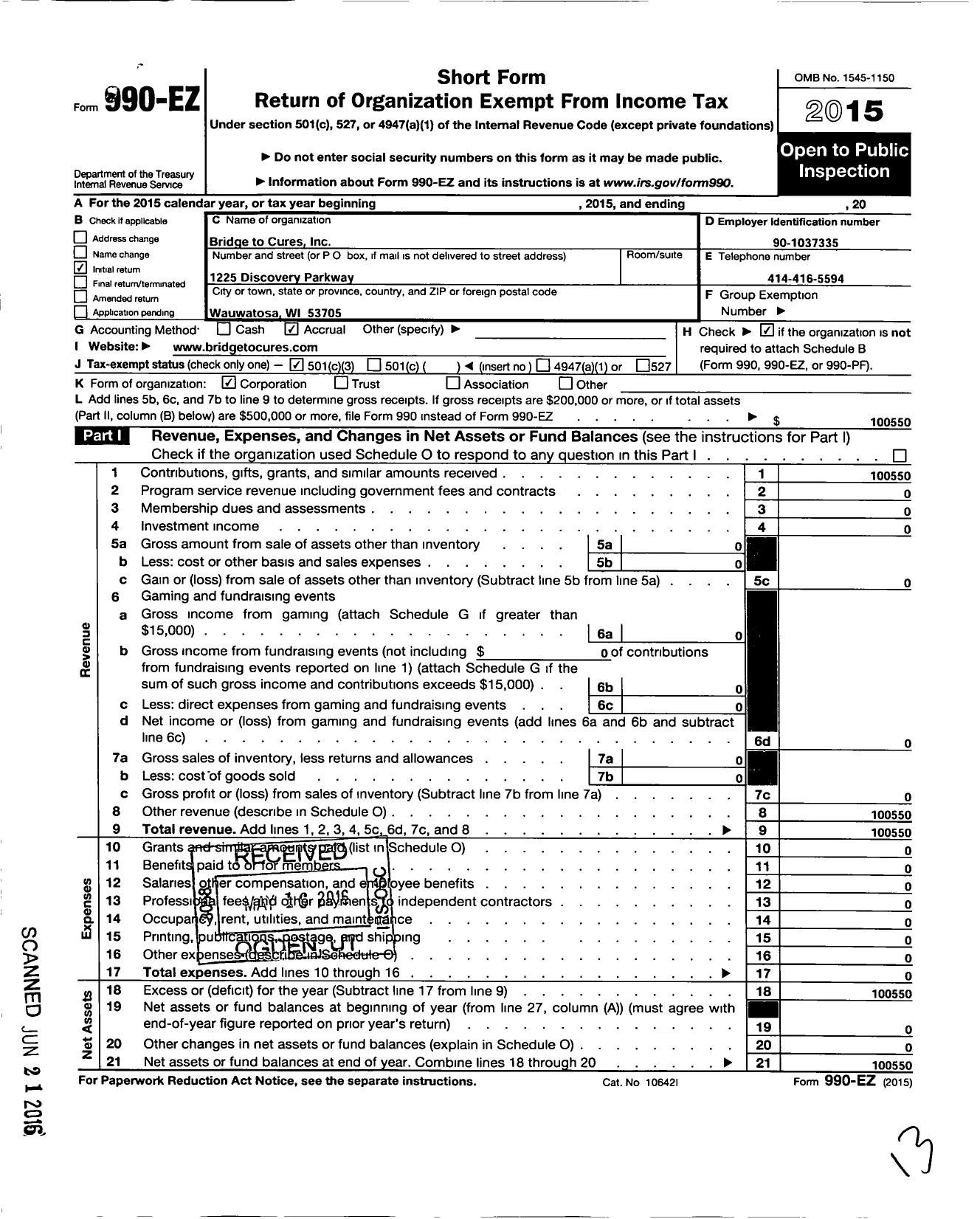 Image of first page of 2015 Form 990EZ for Bridge To Cures