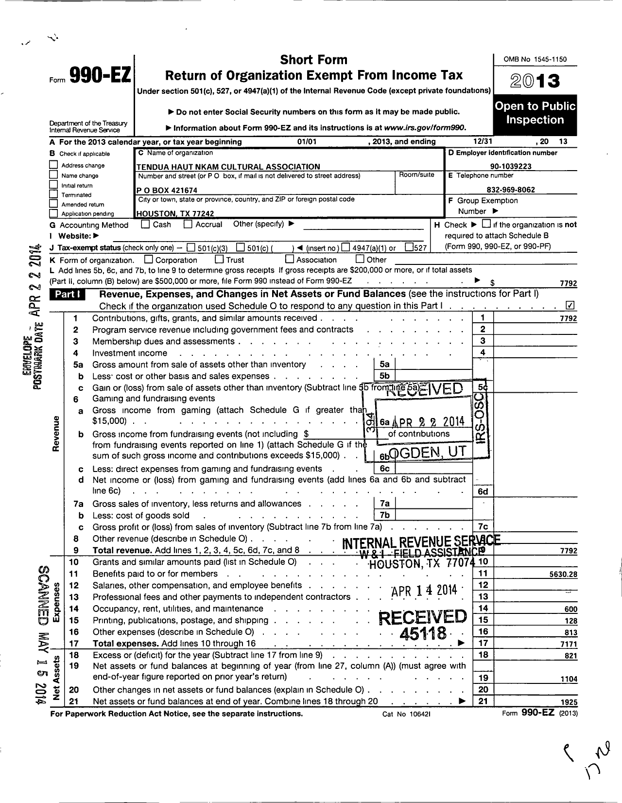 Image of first page of 2013 Form 990EO for Tendua Haut Nkam Cultural Association of Ho