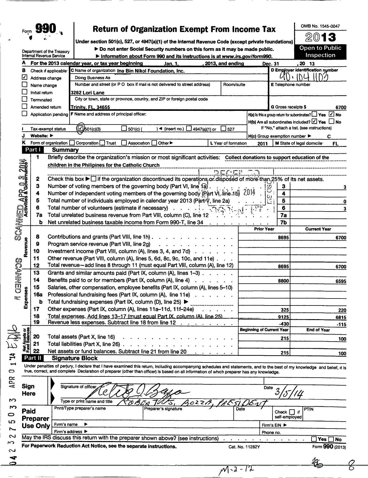 Image of first page of 2013 Form 990 for Ina Nin Bikol