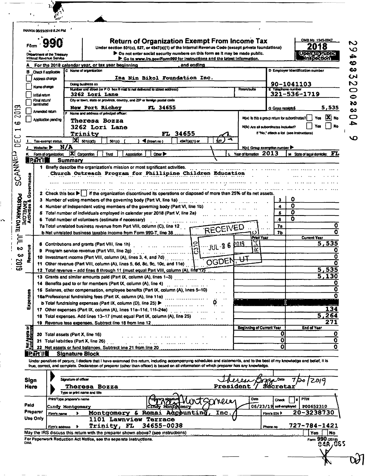 Image of first page of 2018 Form 990 for Ina Nin Bikol