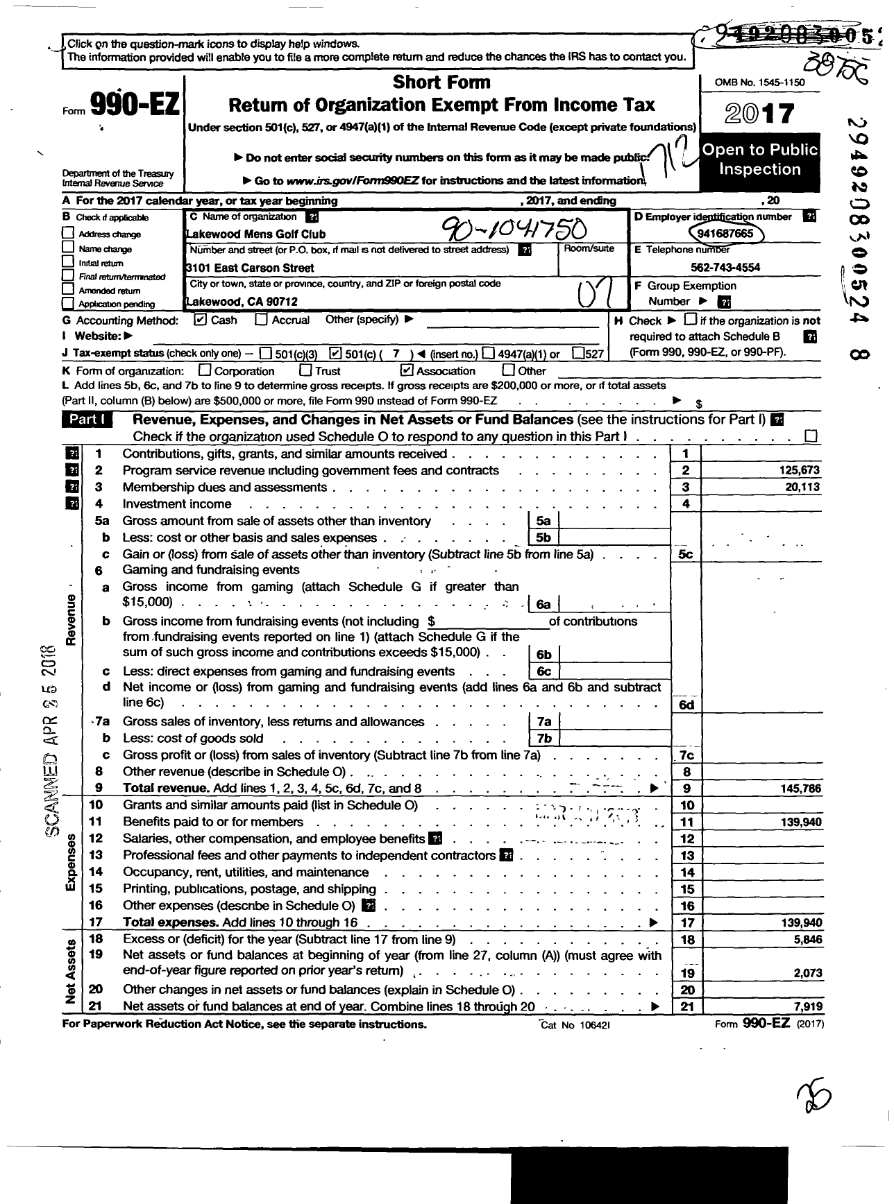 Image of first page of 2017 Form 990EO for Lakewood Mens Golf Club