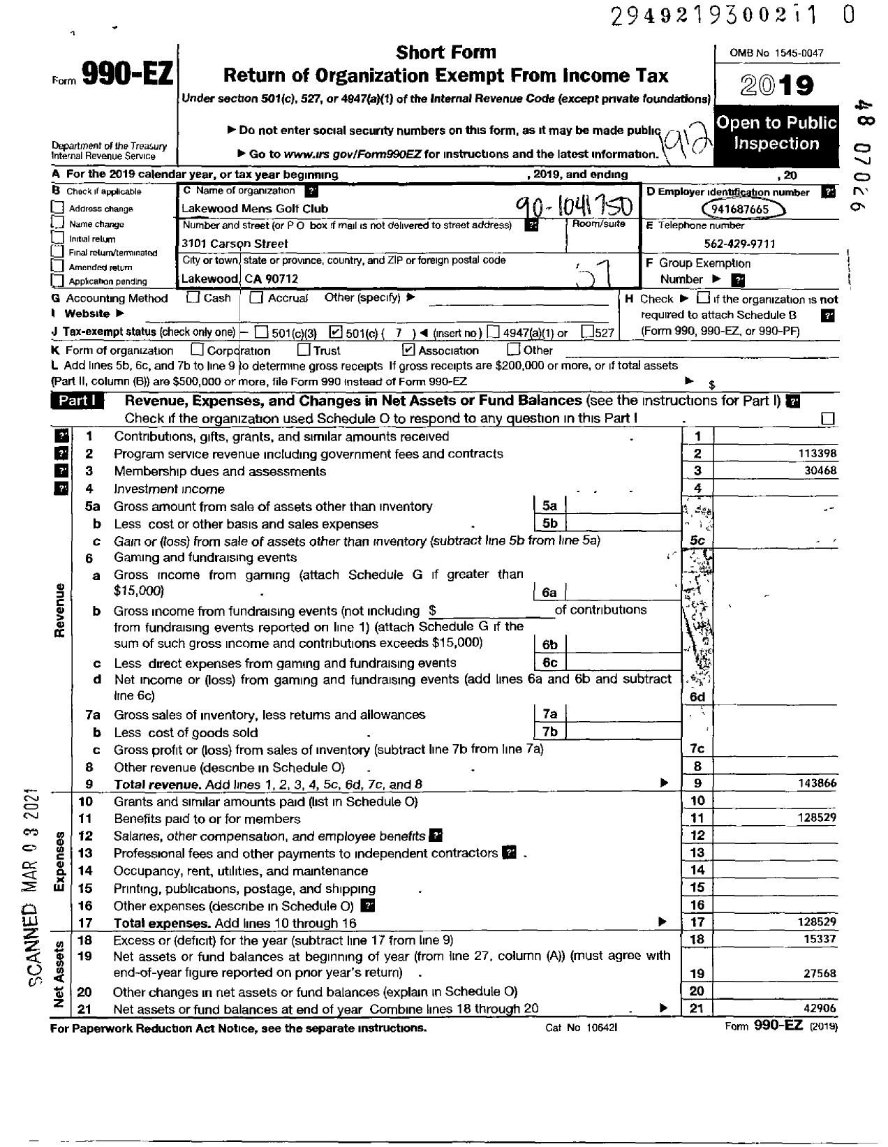 Image of first page of 2019 Form 990EO for Lakewood Mens Golf Club