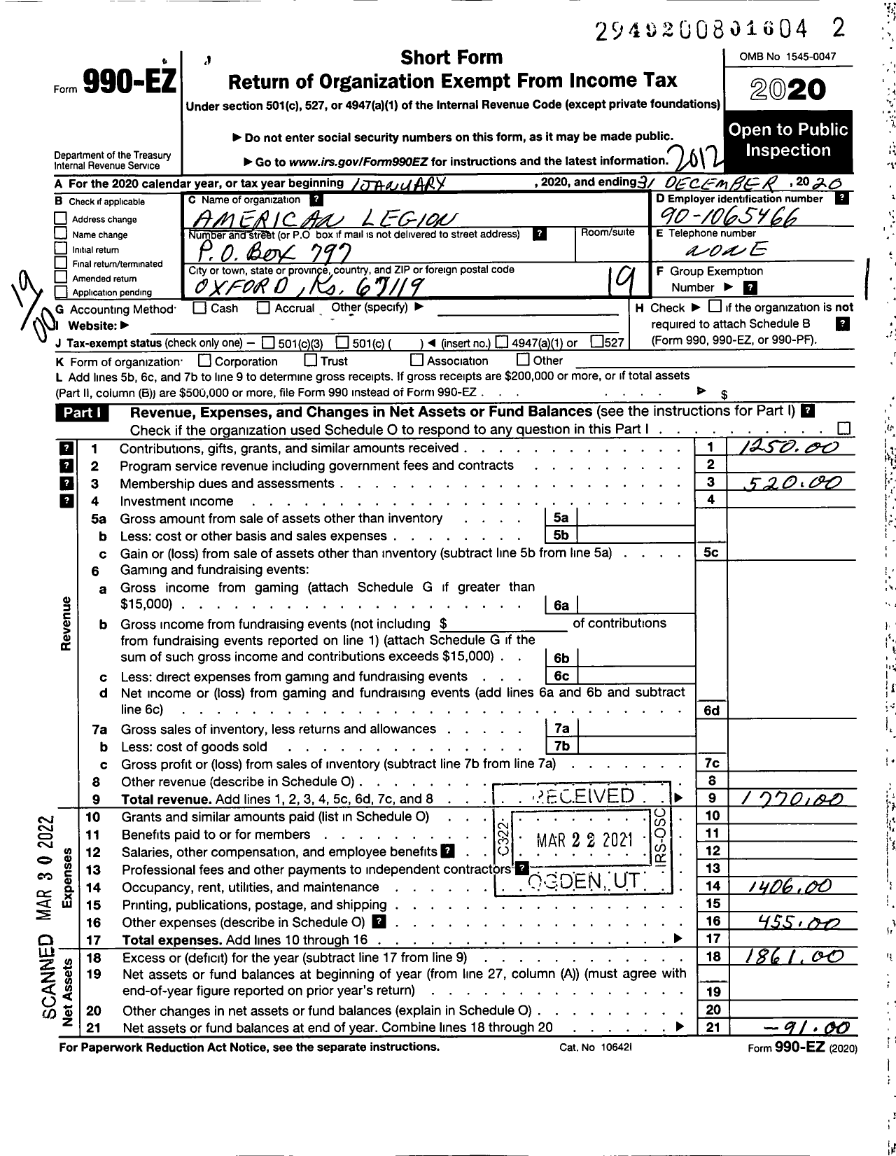 Image of first page of 2020 Form 990EO for American Legion Post 303