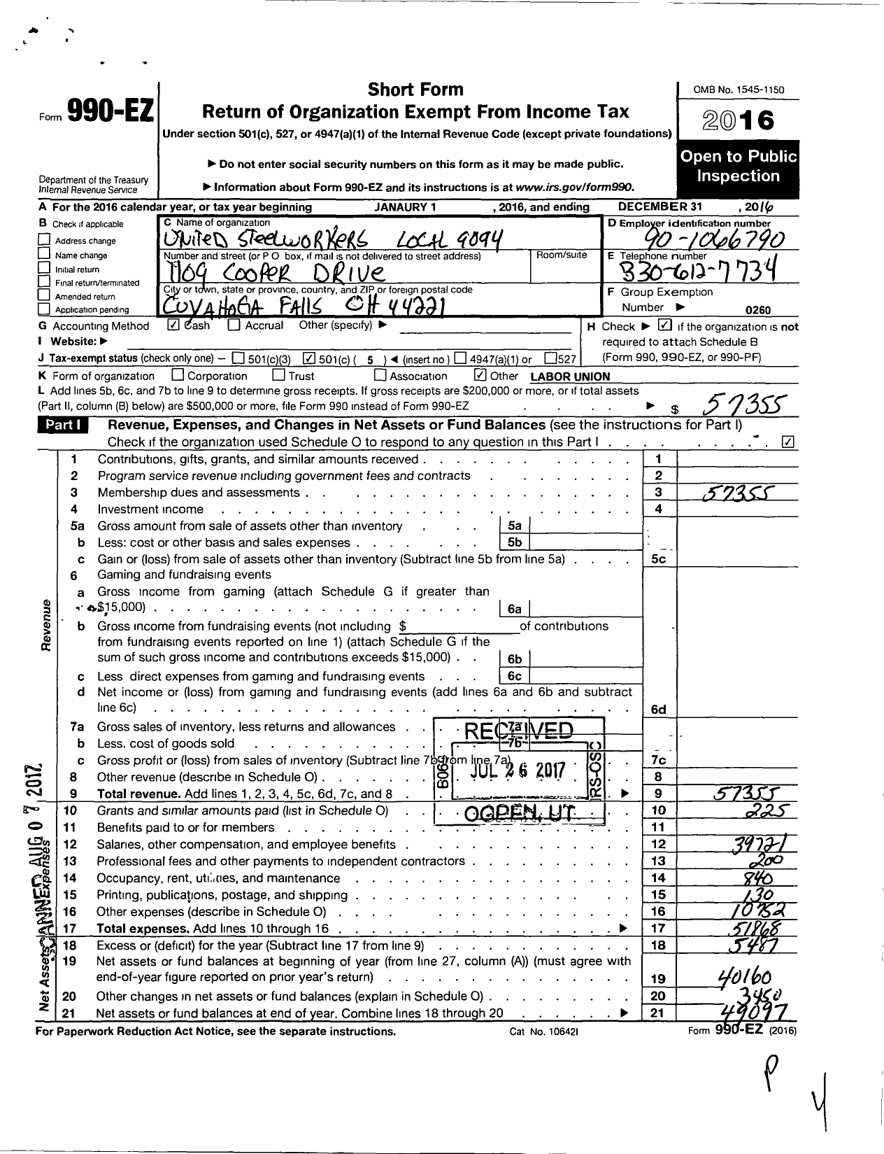 Image of first page of 2016 Form 990EO for United Steelworkers - 9094 Local