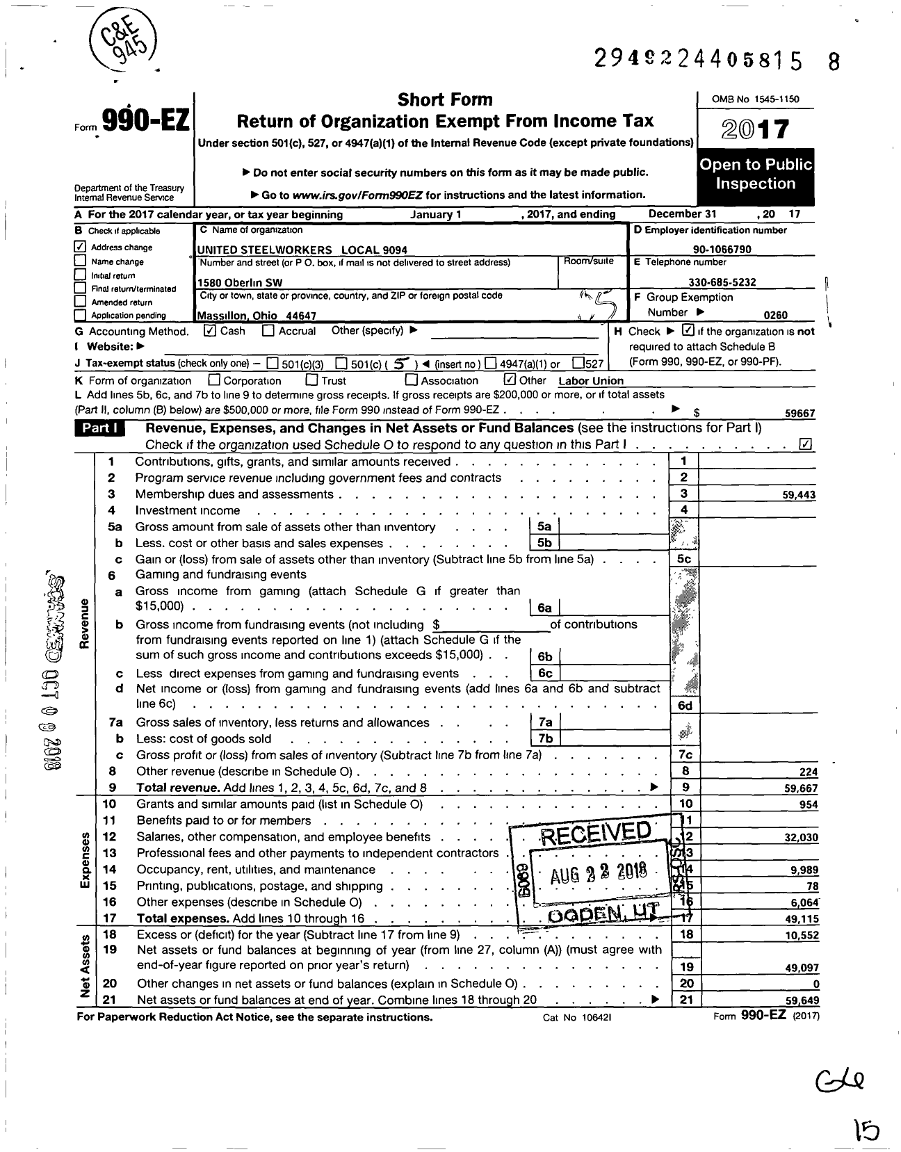 Image of first page of 2017 Form 990EO for United Steelworkers - 9094 Local