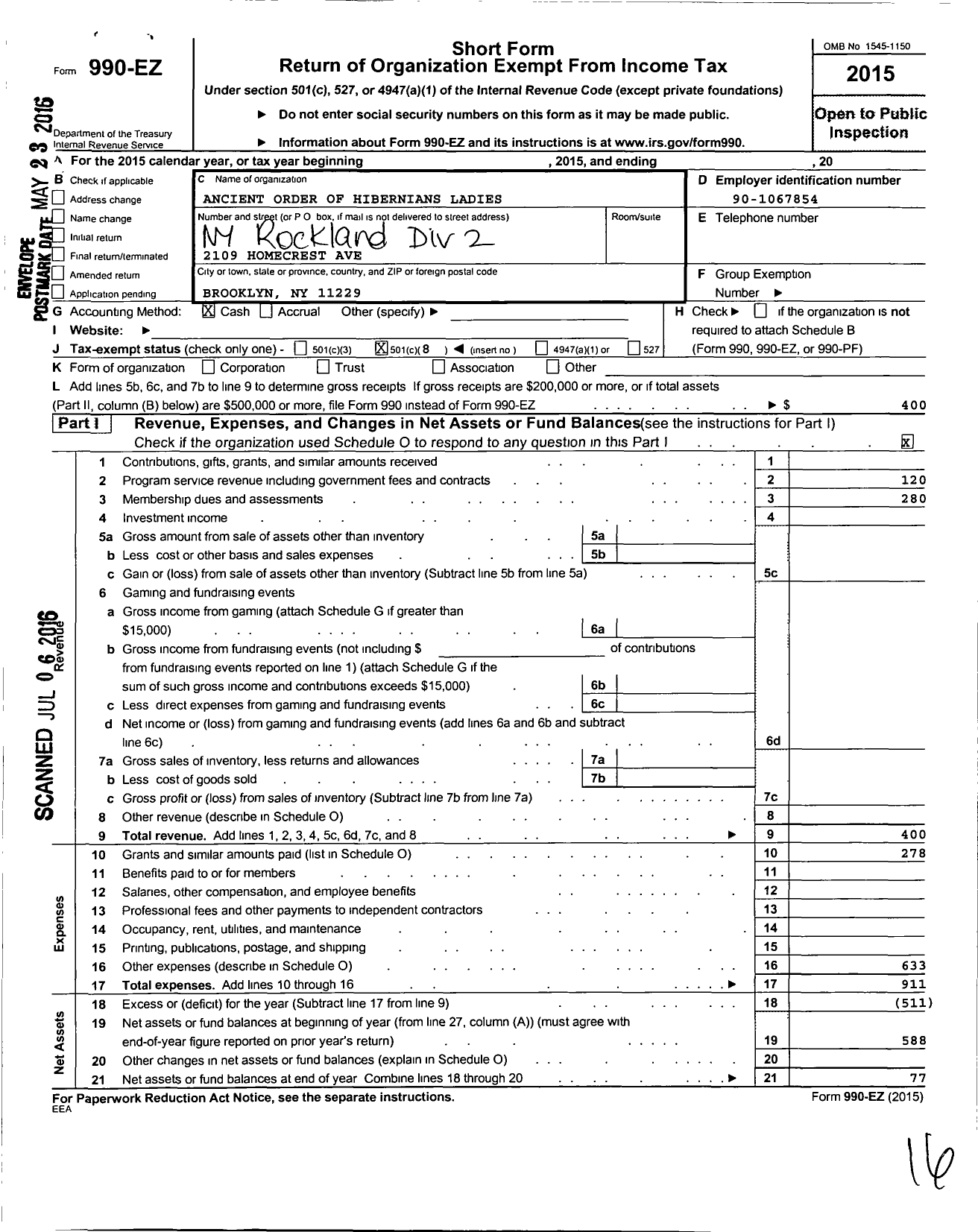 Image of first page of 2015 Form 990EO for Ancient Order of Hibernians Ladies / 2 Ny Rockland Div