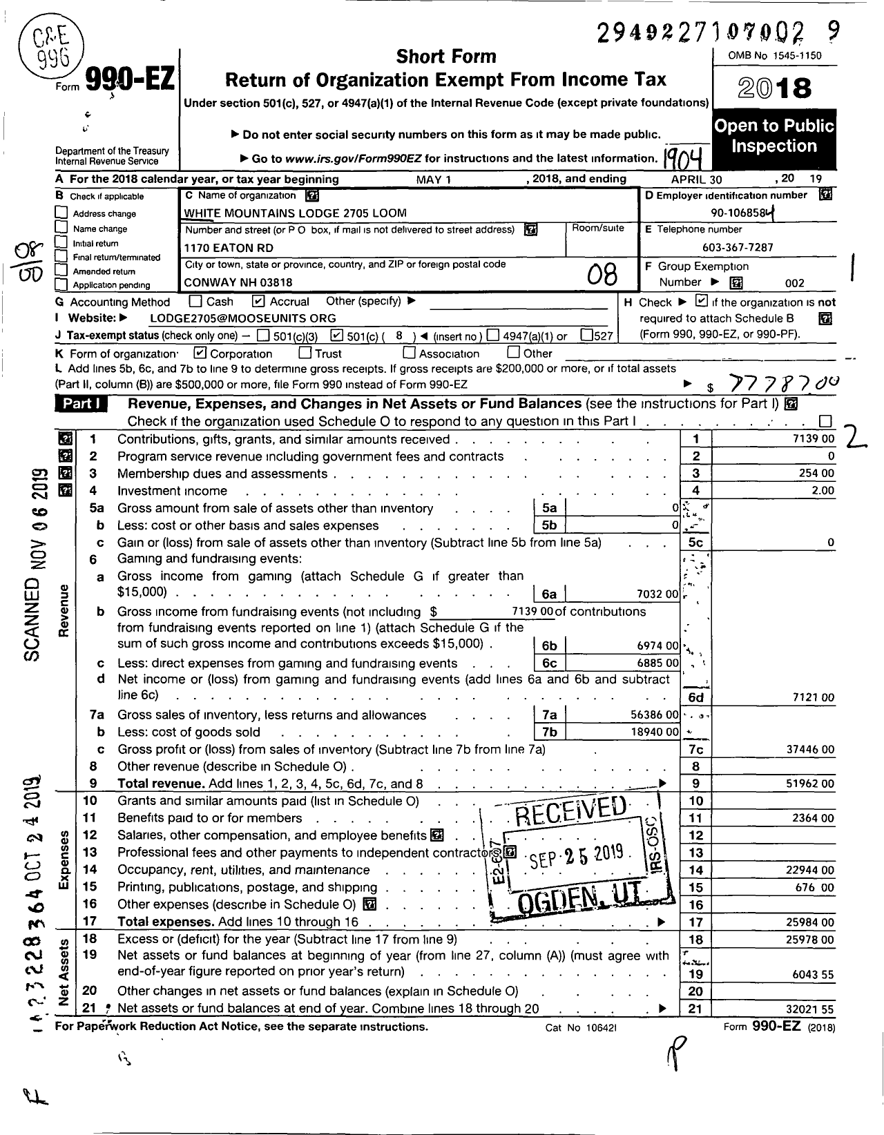 Image of first page of 2018 Form 990EO for Loyal Order of Moose - 2705