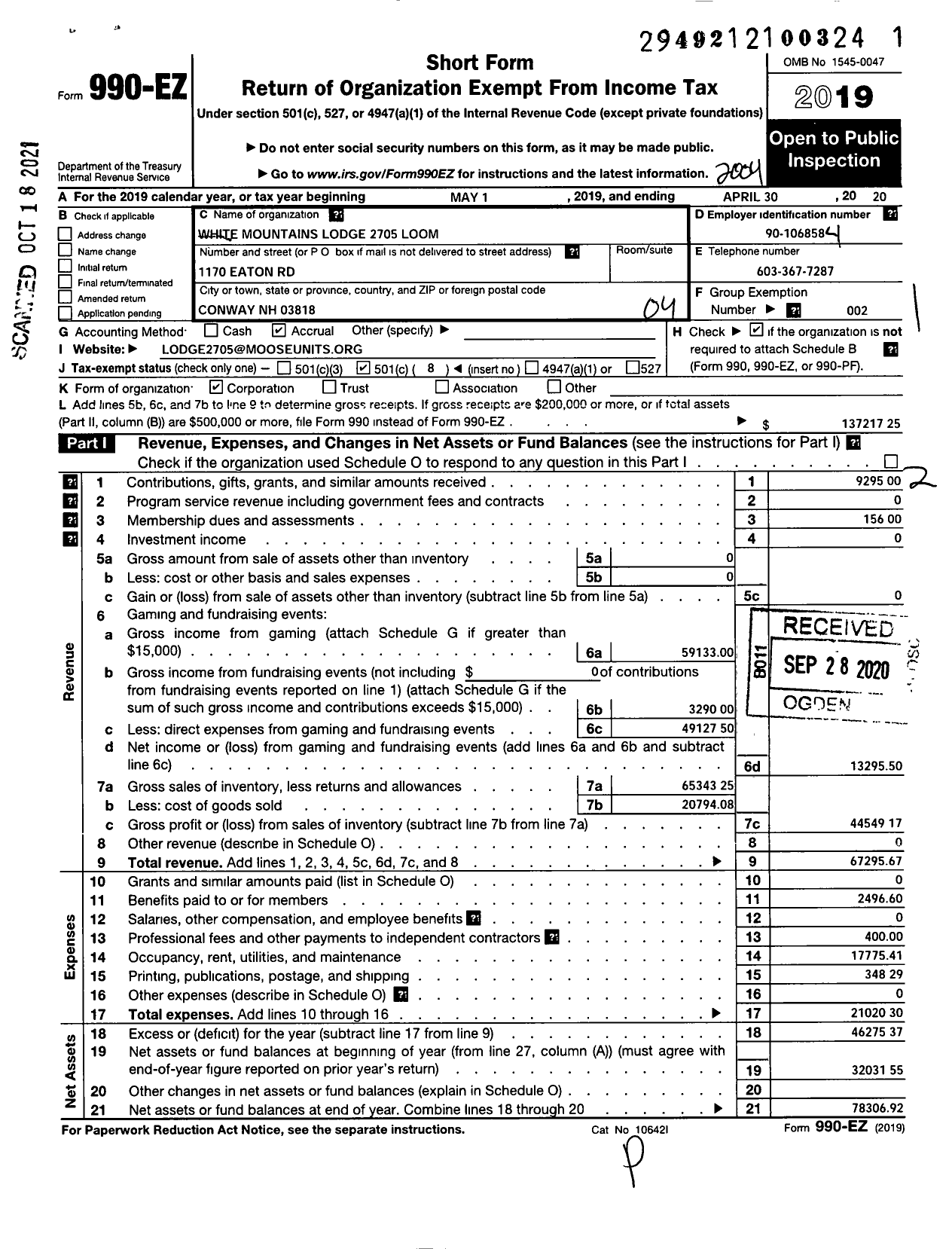 Image of first page of 2019 Form 990EO for Loyal Order of Moose - 2705