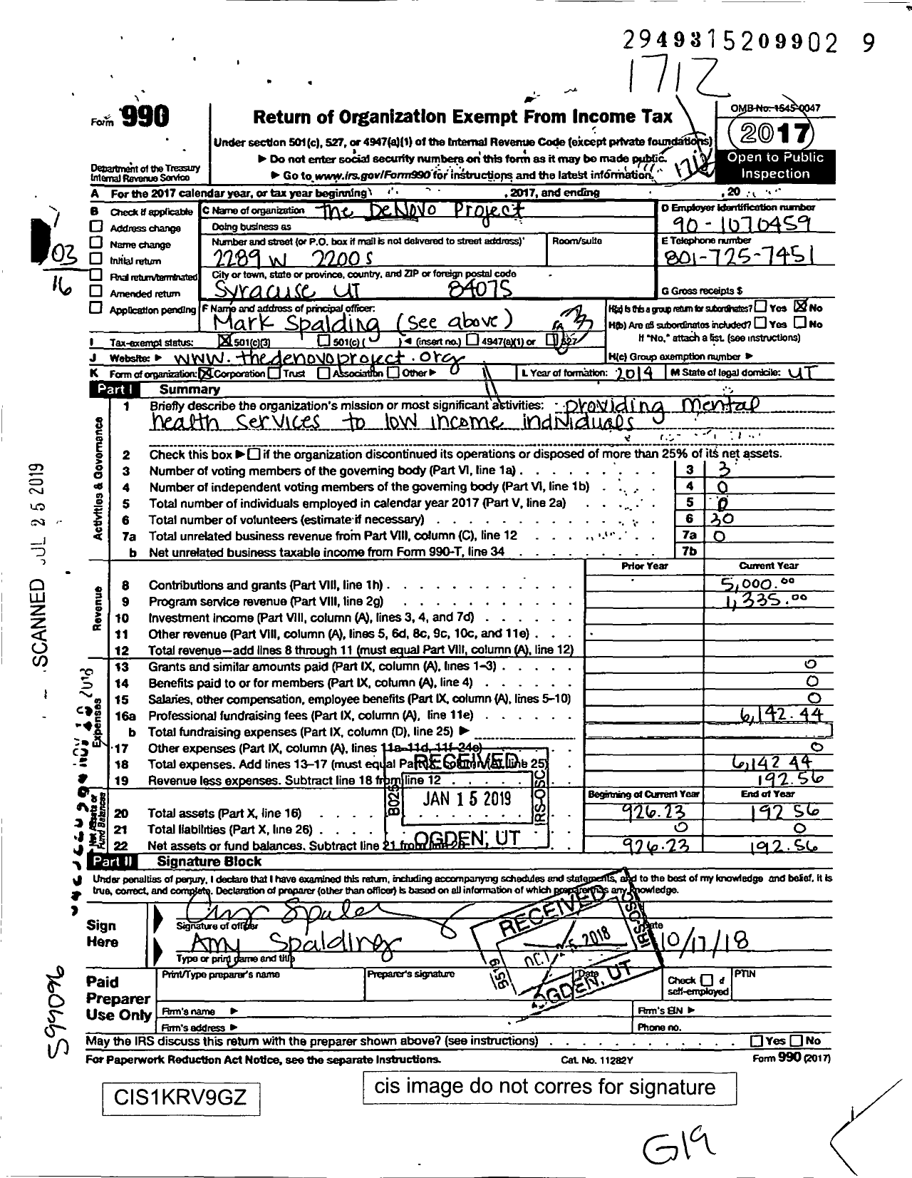 Image of first page of 2017 Form 990 for Denovo Project