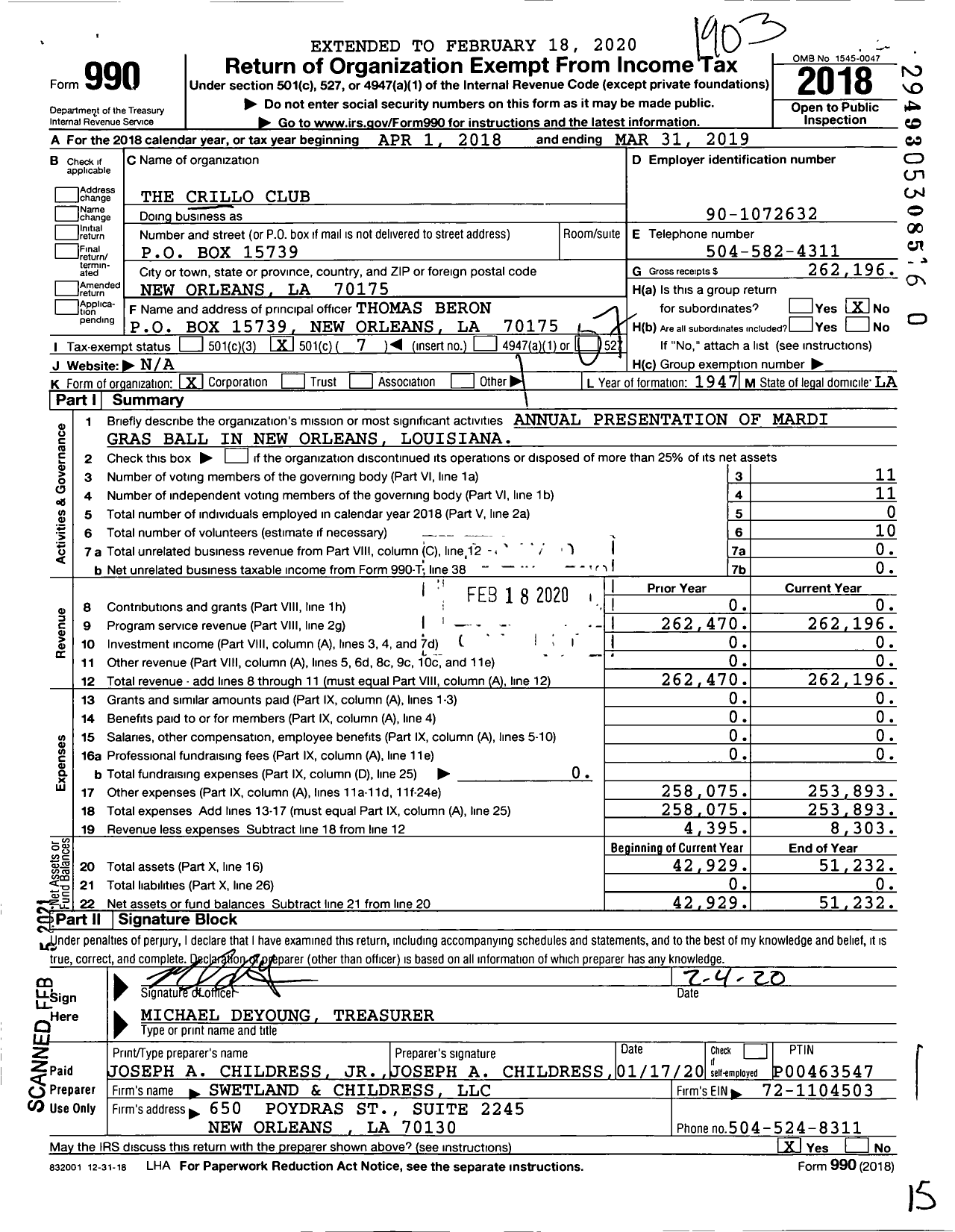 Image of first page of 2018 Form 990O for The Crillo Club