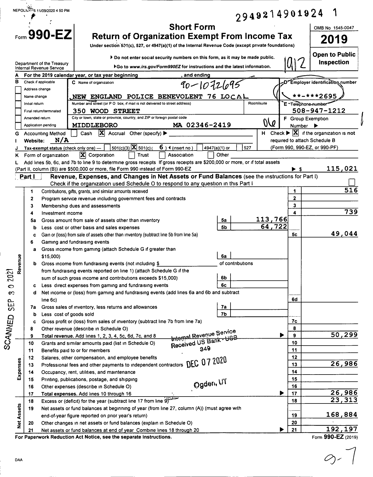 Image of first page of 2019 Form 990EO for New England Police Benevolent 76 Lo