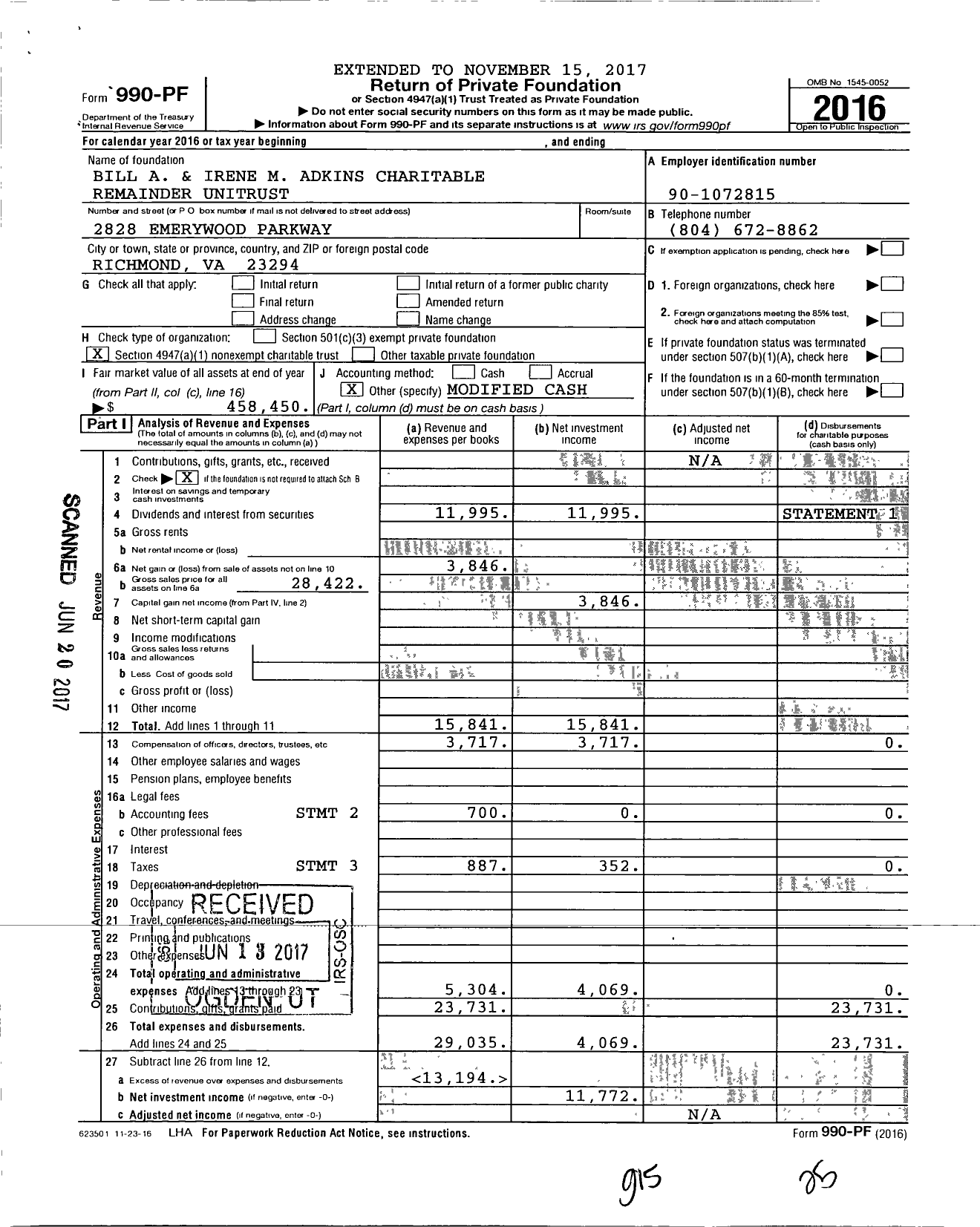 Image of first page of 2016 Form 990PF for Bill A and Irene M Adkins Charitable Filing A 4947 Trust