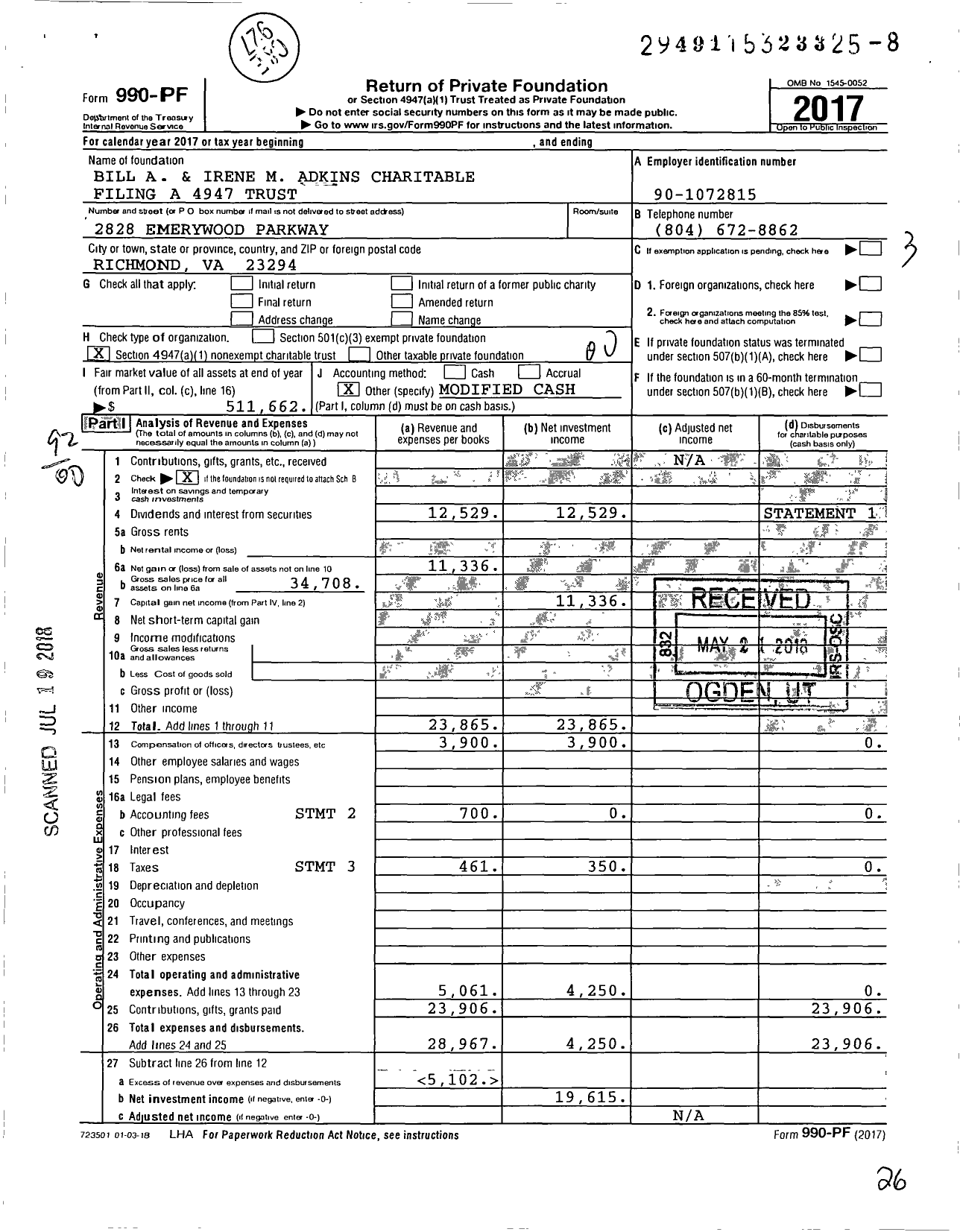 Image of first page of 2017 Form 990PF for Bill A and Irene M Adkins Charitable Filing A 4947 Trust