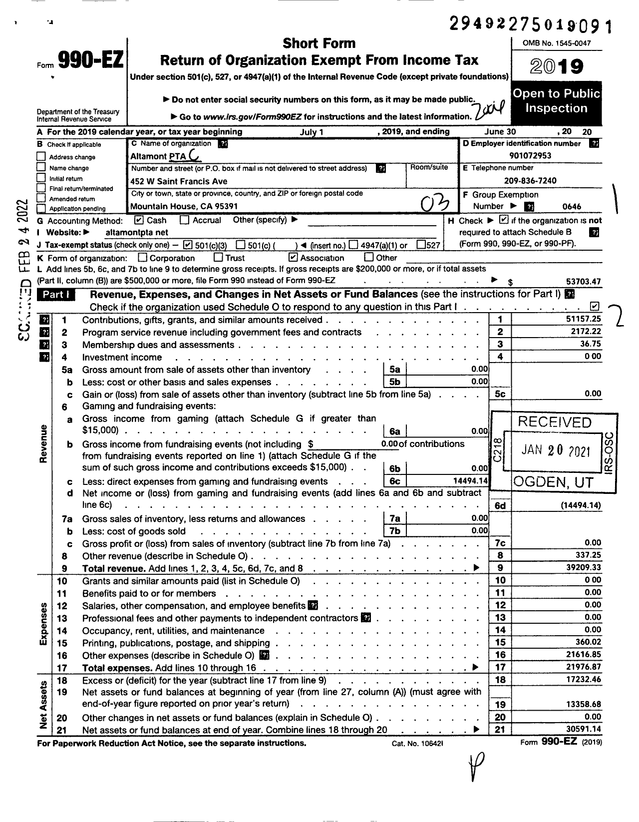 Image of first page of 2019 Form 990EZ for California State PTA - Altamont PTA