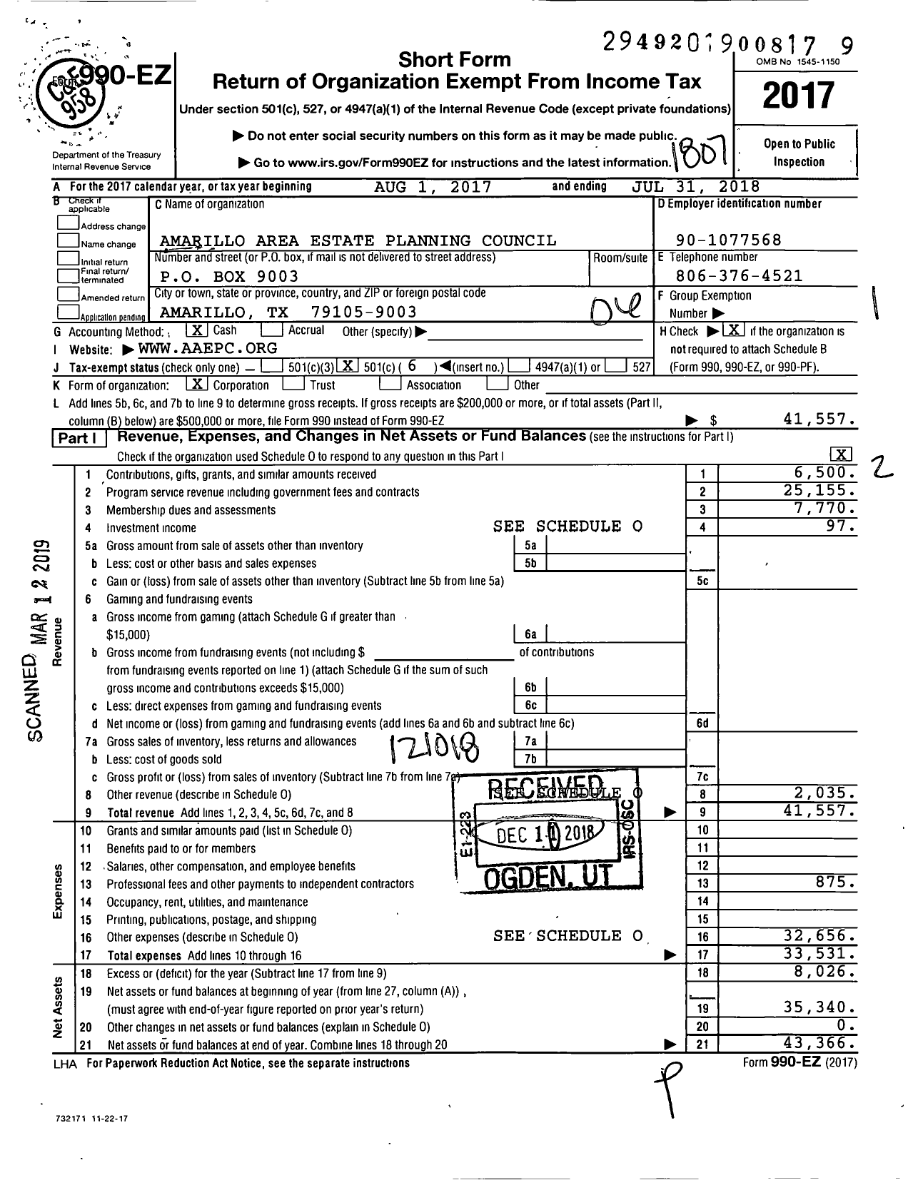 Image of first page of 2017 Form 990EO for Amarillo Area Estate Planning Council