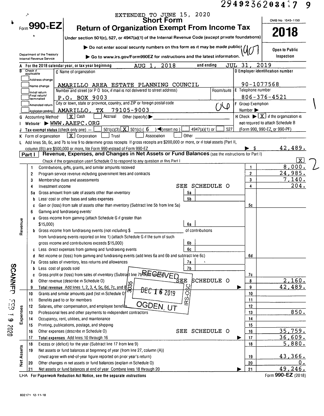 Image of first page of 2018 Form 990EO for Amarillo Area Estate Planning Council